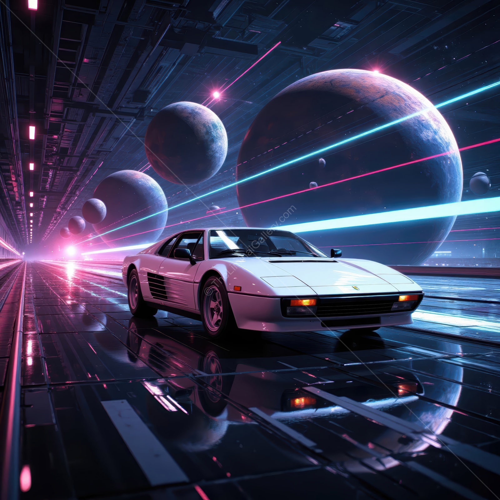 Sleek white sports car races through a cosmic landscape with glowing planets and vibrant light trails
