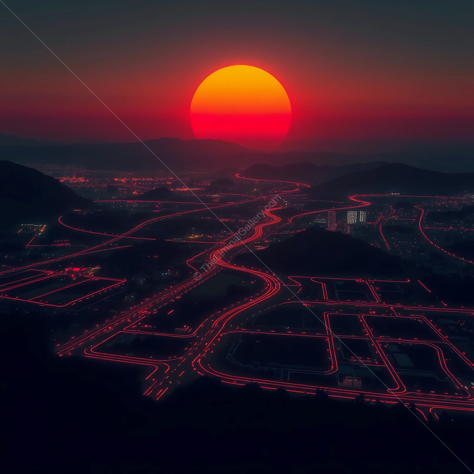 Vibrant sunset casts a golden glow over winding city roads and distant hills in a serene evening atmosphere
