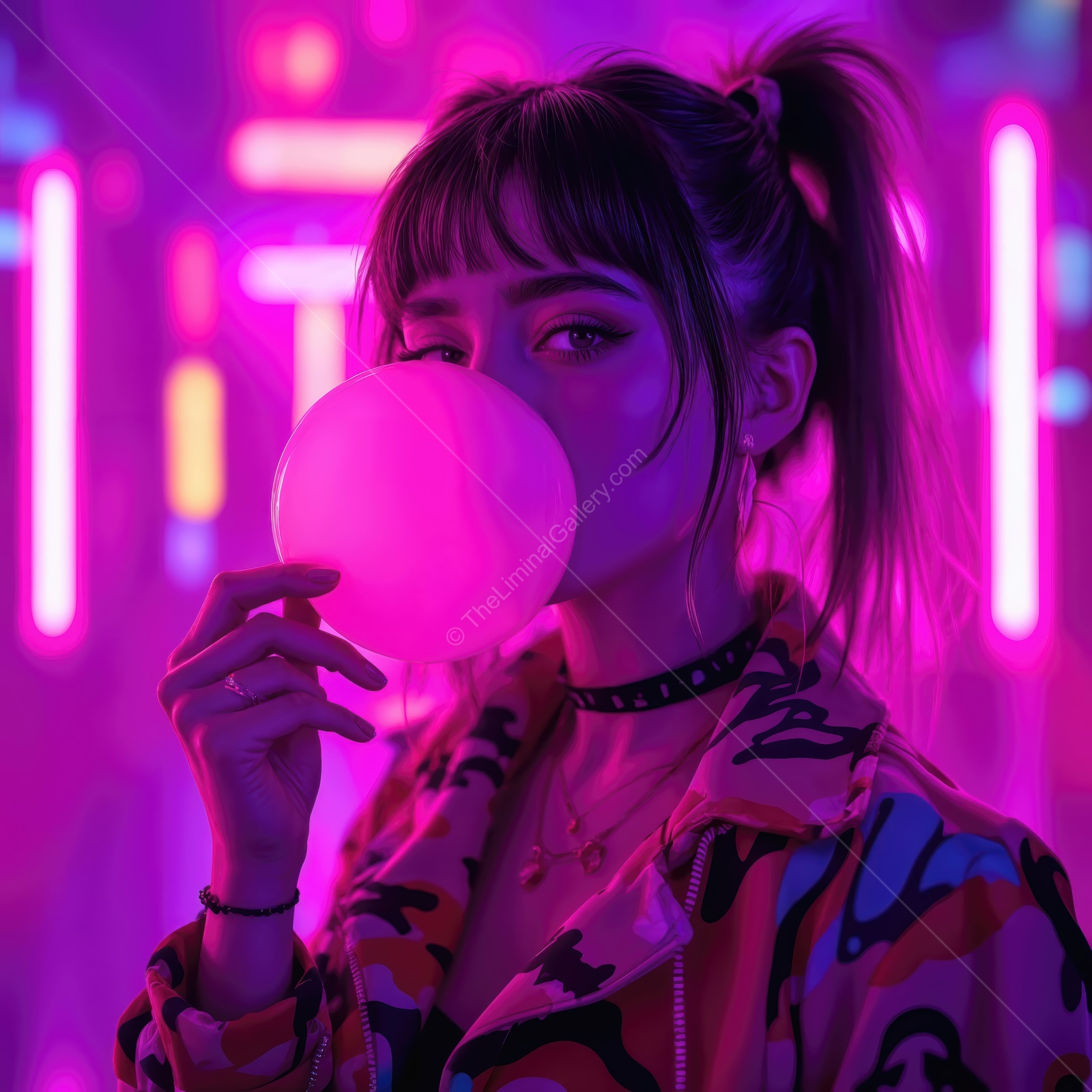 Captivating young woman blowing bubble gum in a neon-lit environment during the night