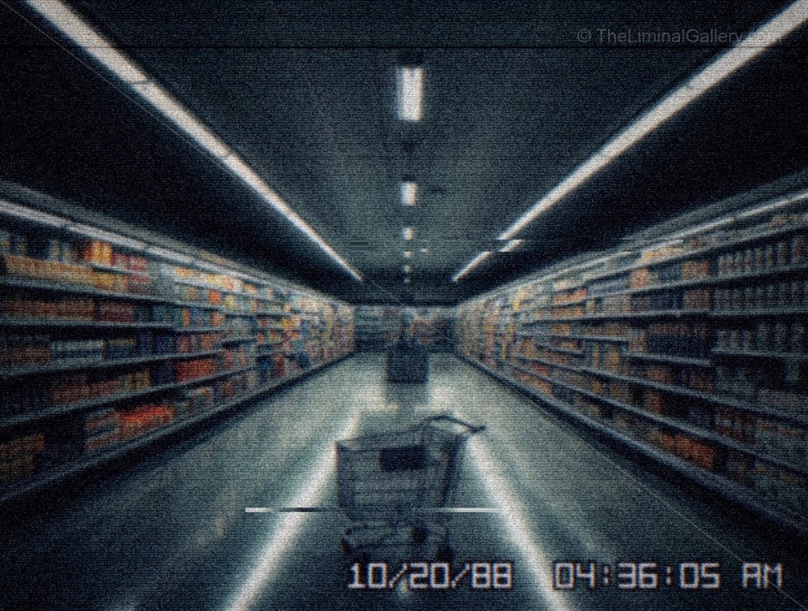 Empty grocery aisle showcases a lone shopping cart under bright fluorescent lights