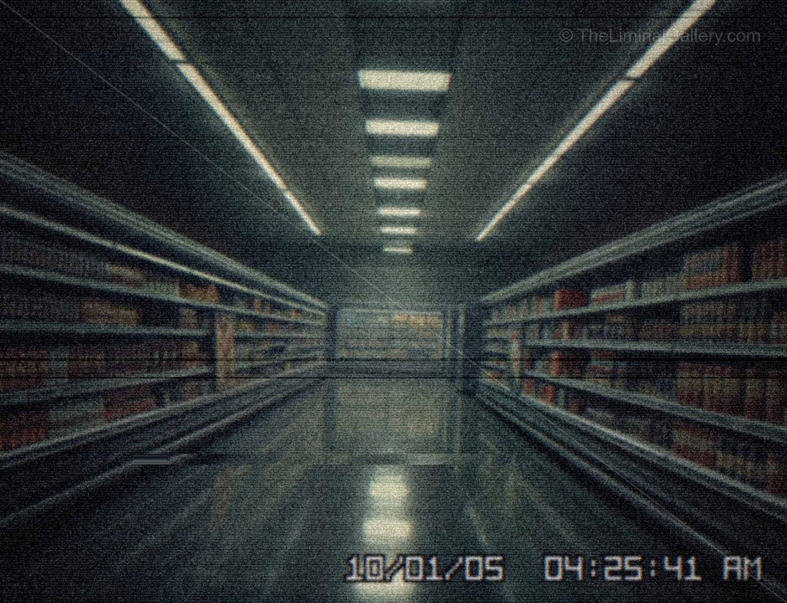 Exploring an empty aisle in a dimly lit liminal grocery store during late night shopping
