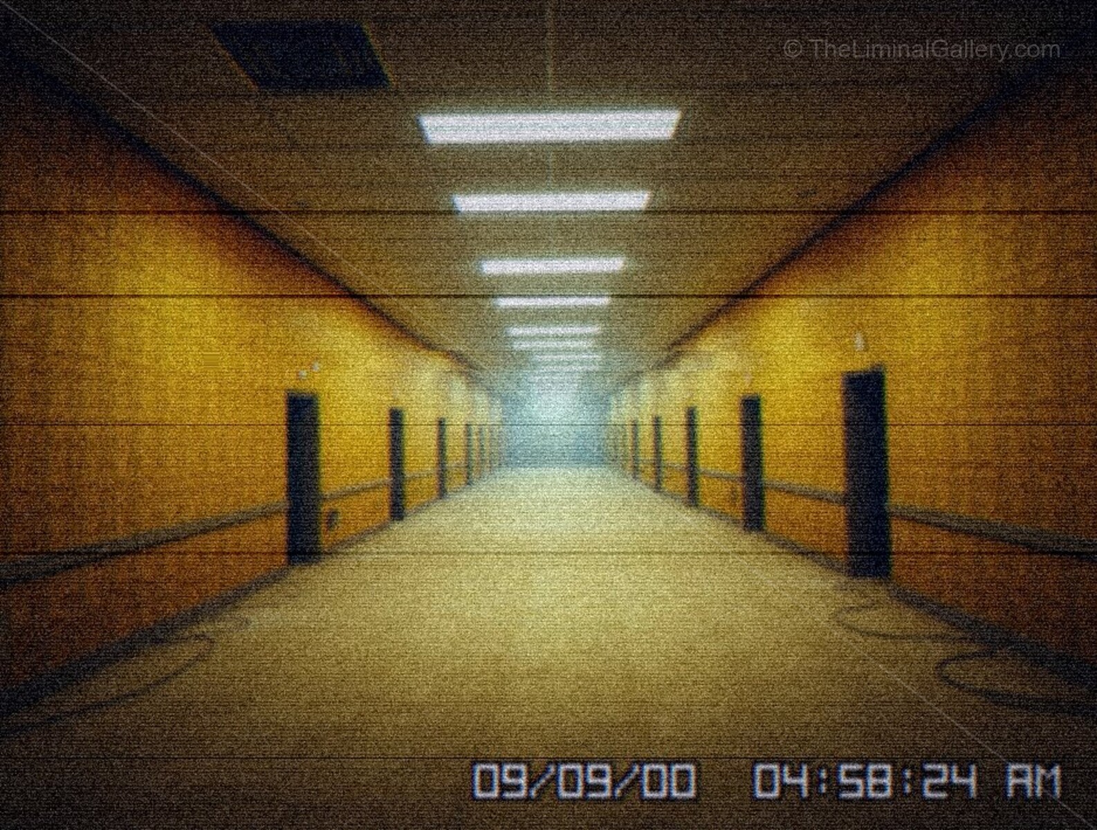 An endless expanse of damp, yellow walls and humming fluorescent lights defines the unsettling environment of Level 0, The Lobby.