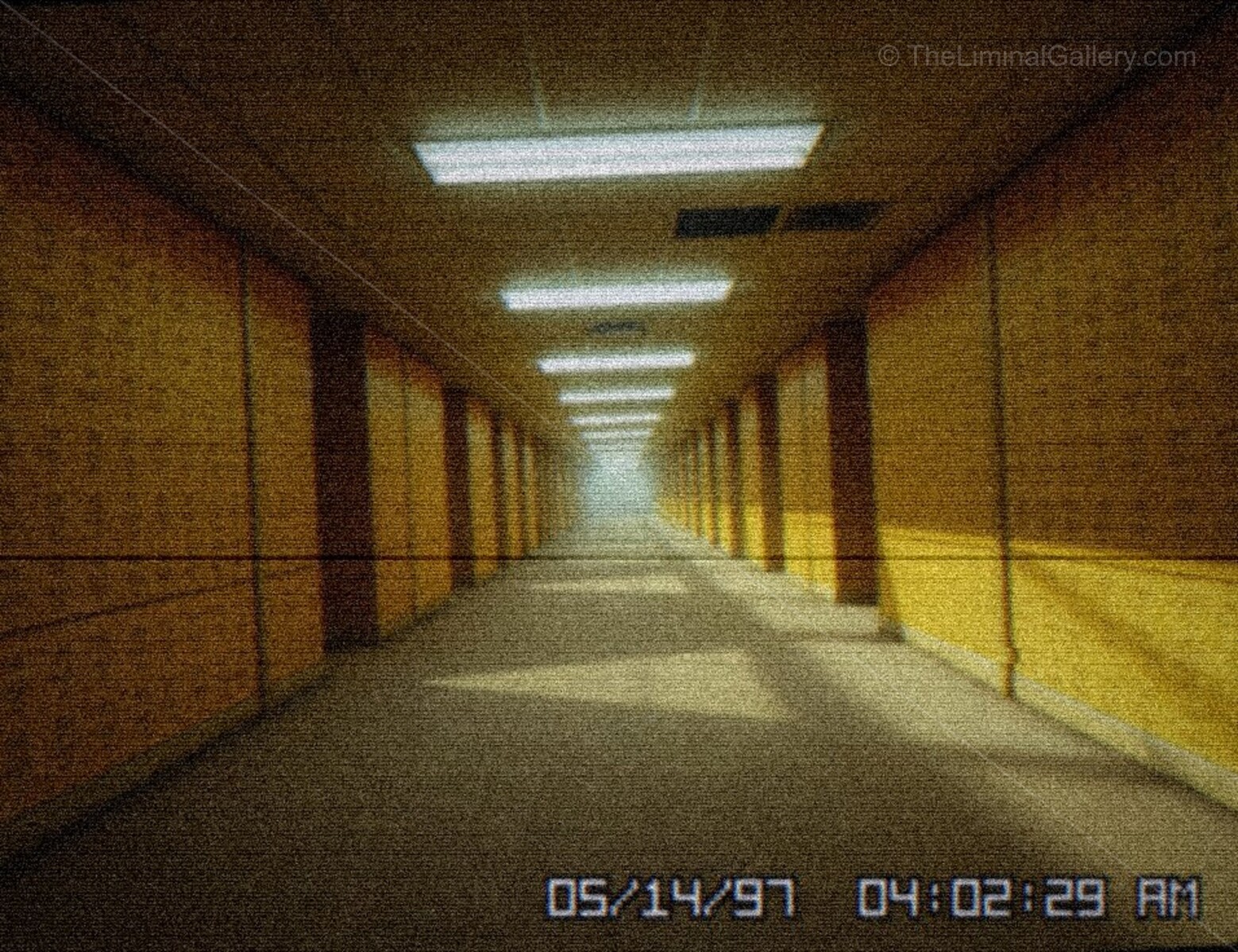 Dim fluorescent lights cast long, distorted shadows in Level 0, The Lobby, emphasizing the disorientation and liminality.