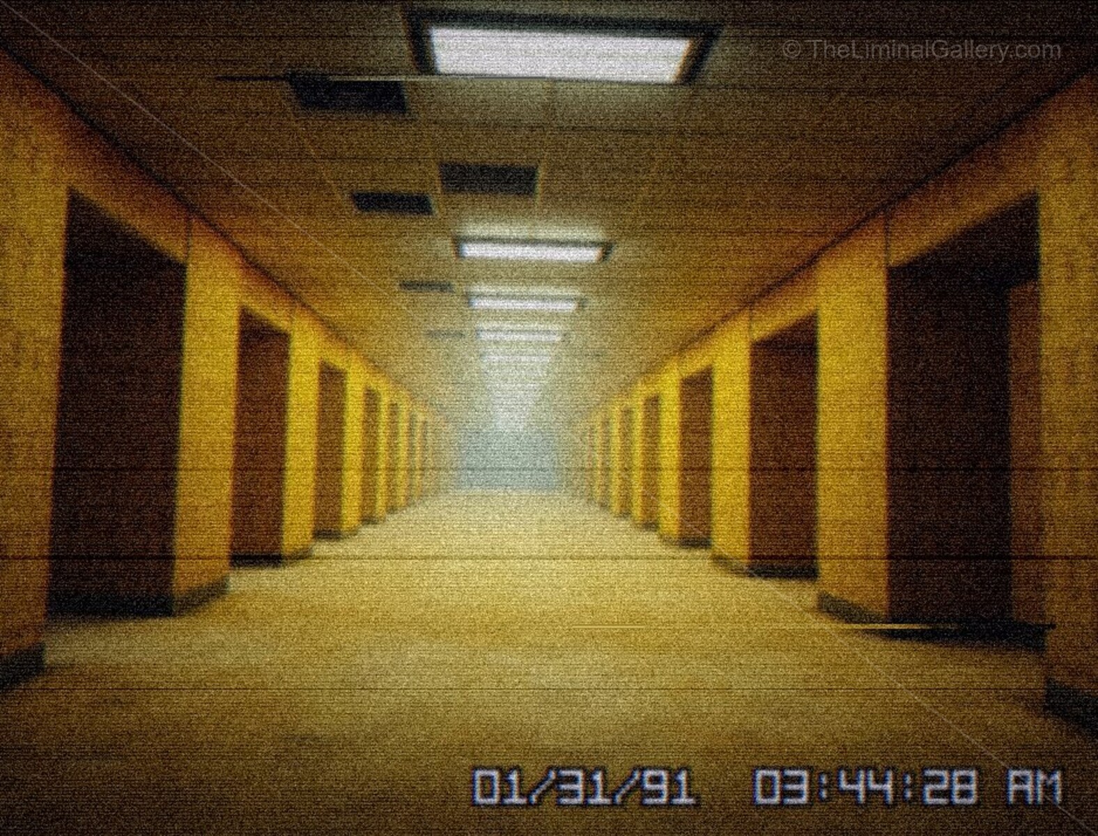 A mundane office setting in Level 0, The Lobby, twisted by the impossible geometry and overwhelming emptiness.