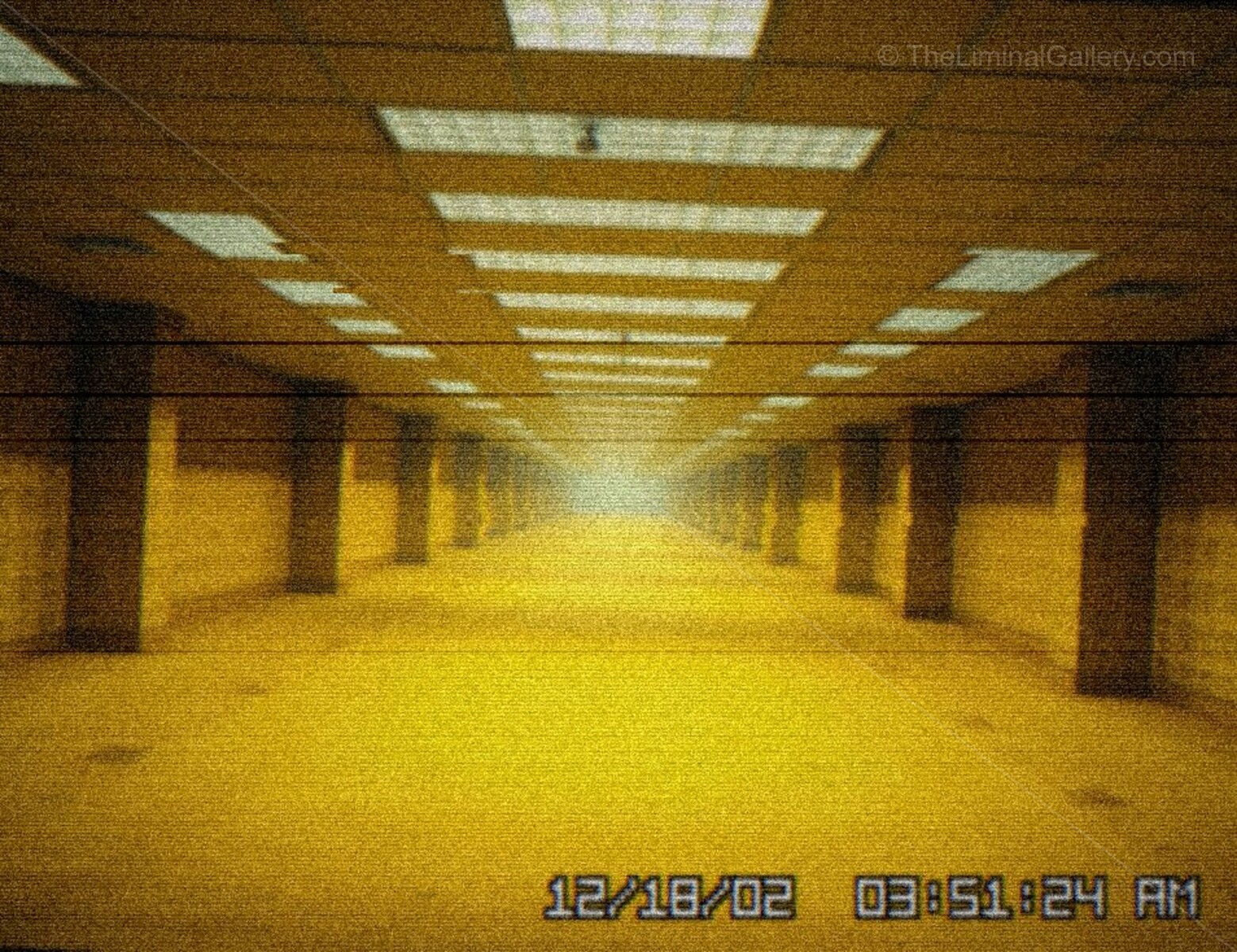 The unsettling hum of fluorescent lights blends with the oppressive silence of Level 0, The Lobby, creating a chilling atmosphere.