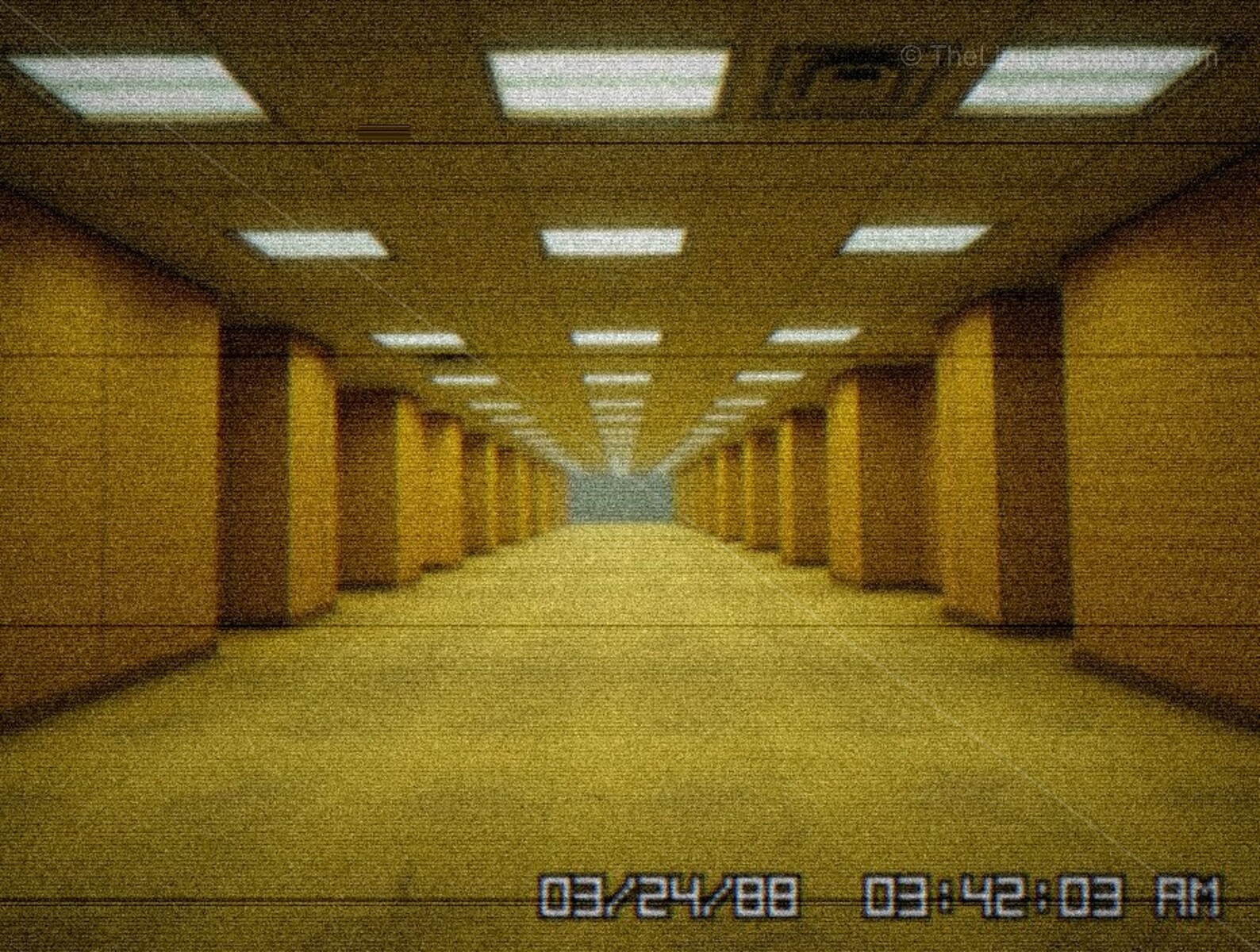 The linoleum floor reflects the harsh overhead lights, creating a feeling of confinement in Level 0, The Lobby.