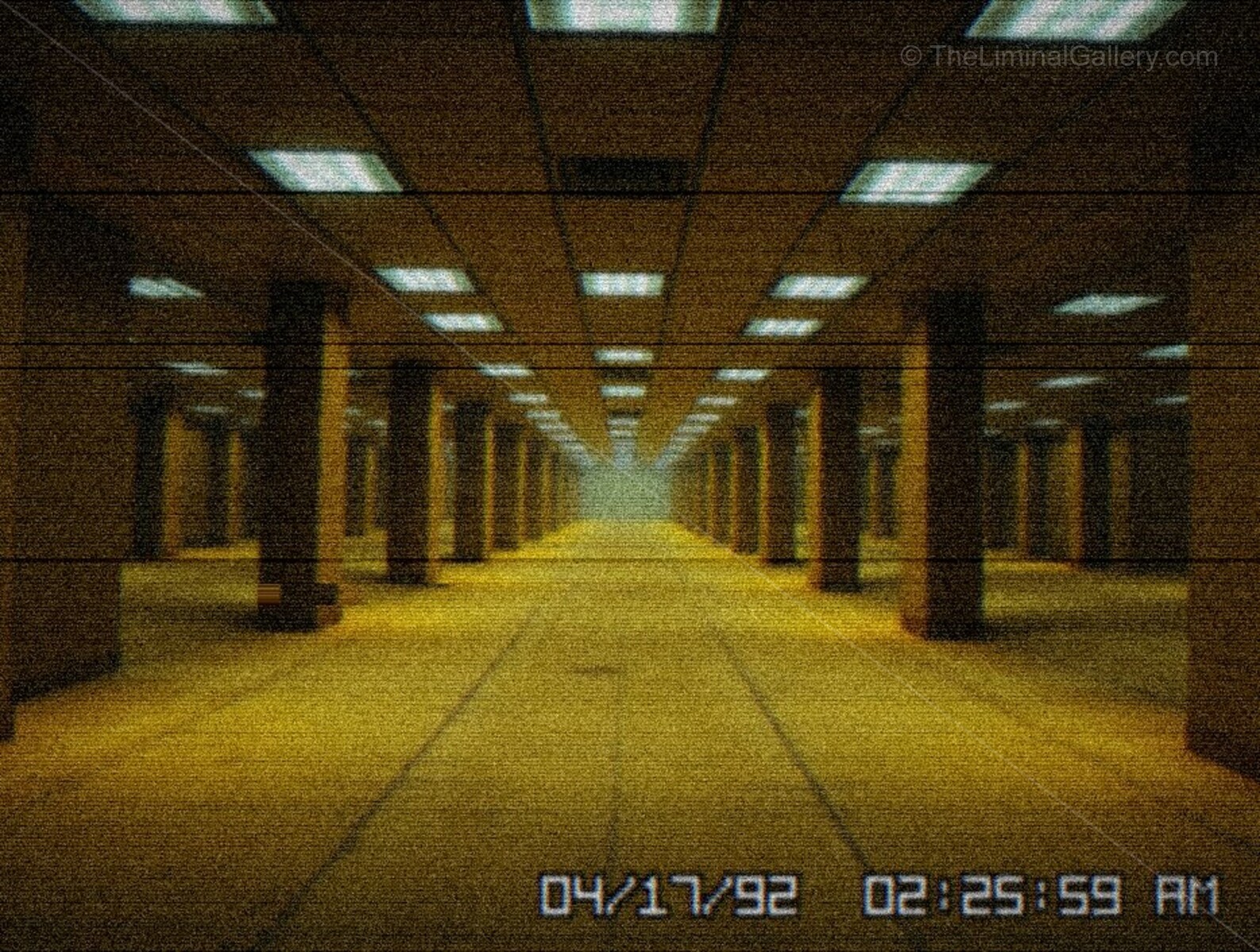 Vast repeating pillars stretch into the endless distance, a common feature of Level 0's architecture.