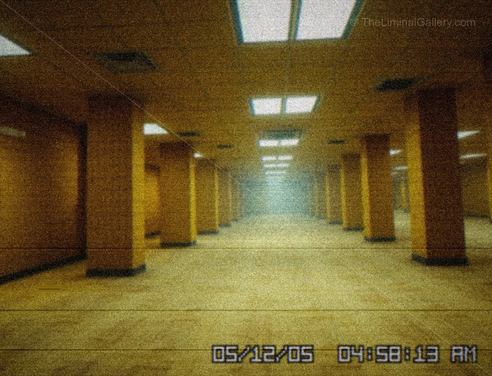 The perspective is twisted by repeating pillars, creating a disorienting maze in Level 0, The Lobby.