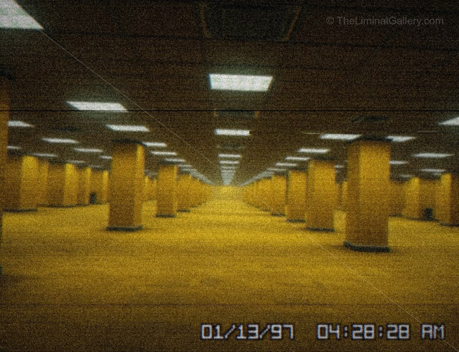 An eerie scene of repeating pillars in Level 0, The Lobby, evoking the unsettling and infinite geometry of the Backrooms.