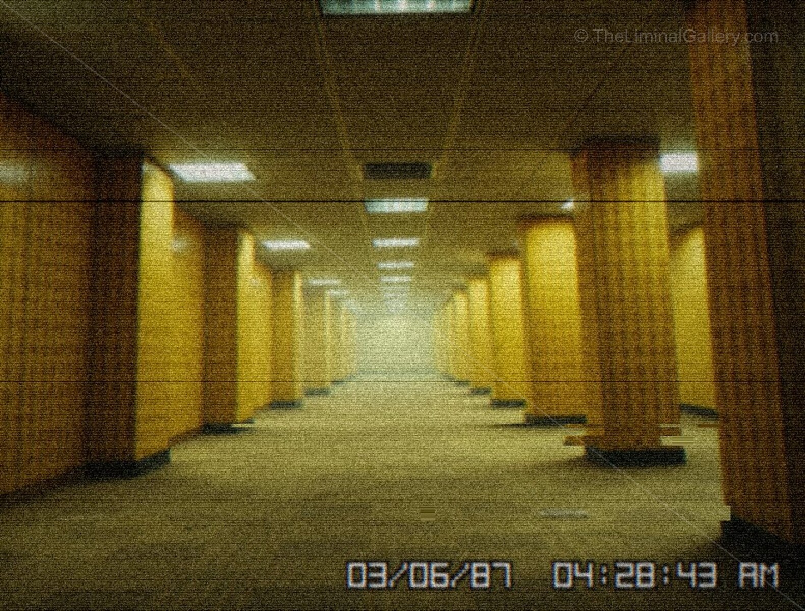 The repeating pillars emphasize the unsettling repetition and vast scale of Level 0, The Lobby.