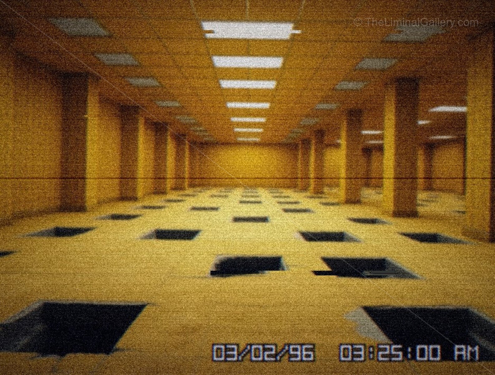 Void-like pits disrupt the geometry of Level 0, The Lobby, creating a haunting and surreal liminal environment.