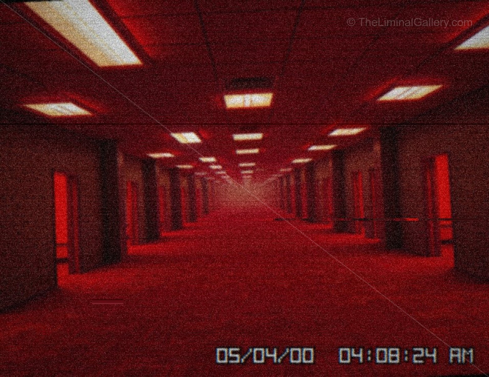 The harsh red light distorts the familiar structures of Level 0, The Lobby.