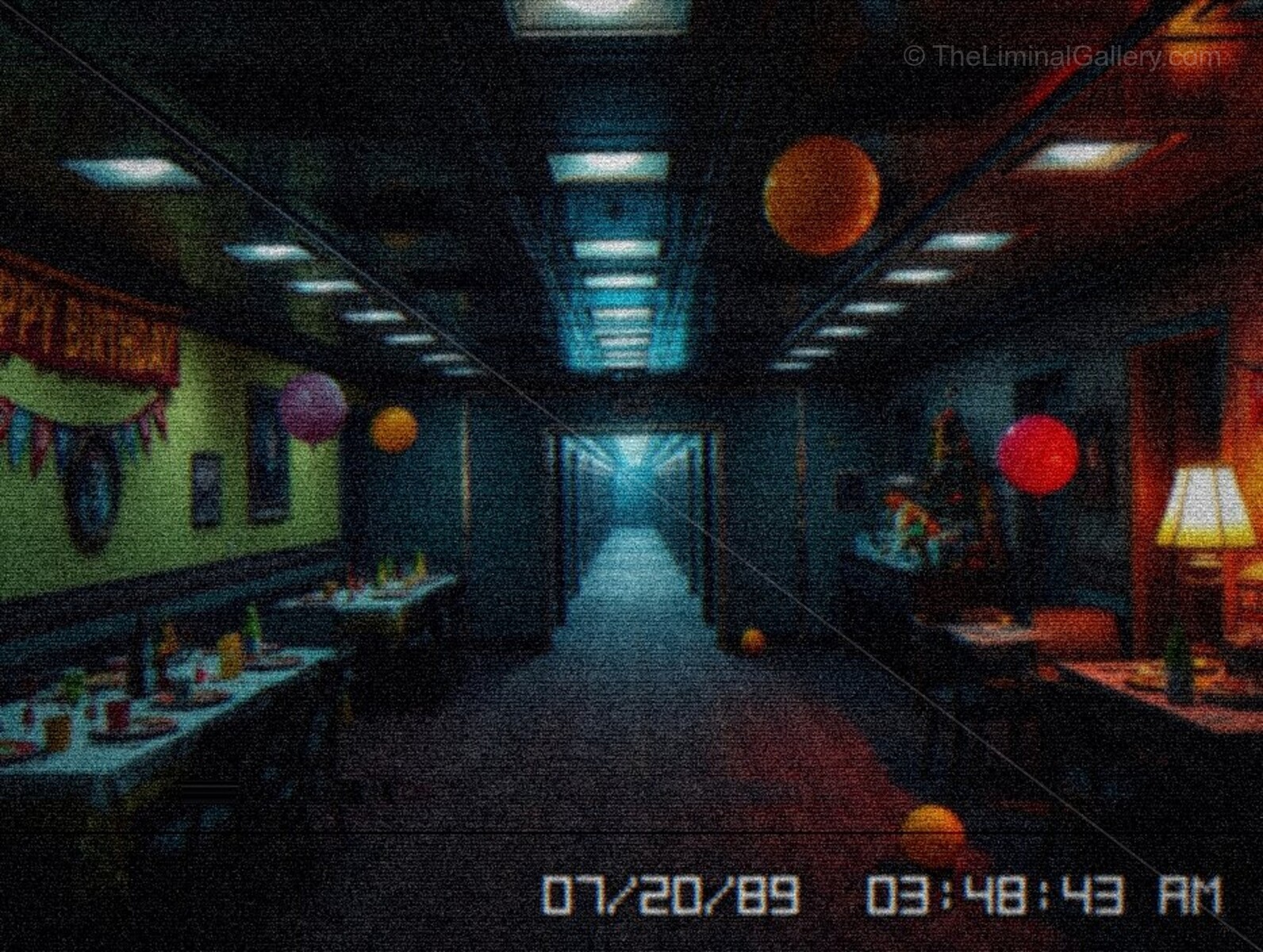 The bright colors and emptiness of the party room create a chilling contrast.