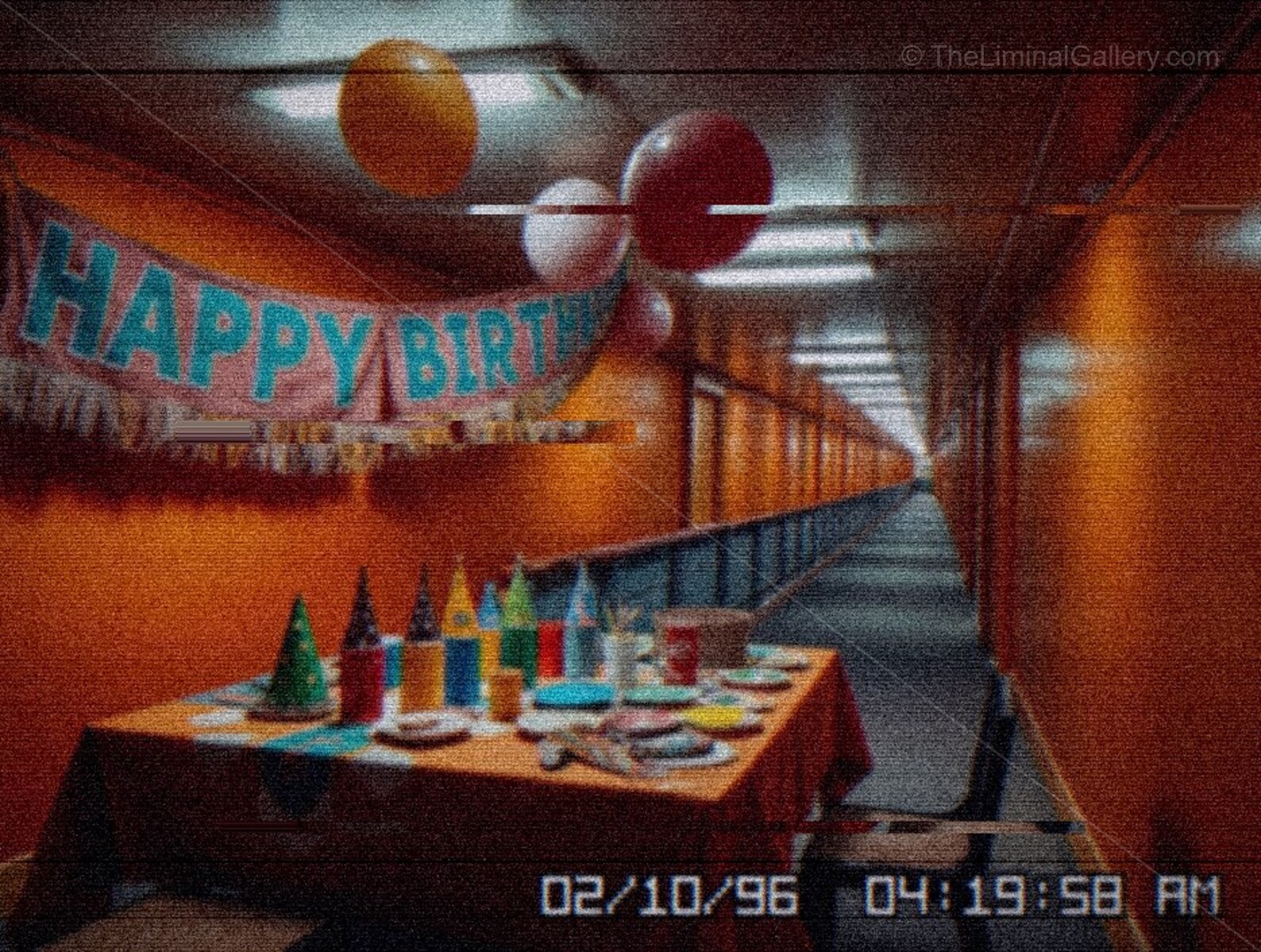 A hauntingly colorful party room in Level 26, The SS Fun =), evoking distorted celebration and surreal unease.