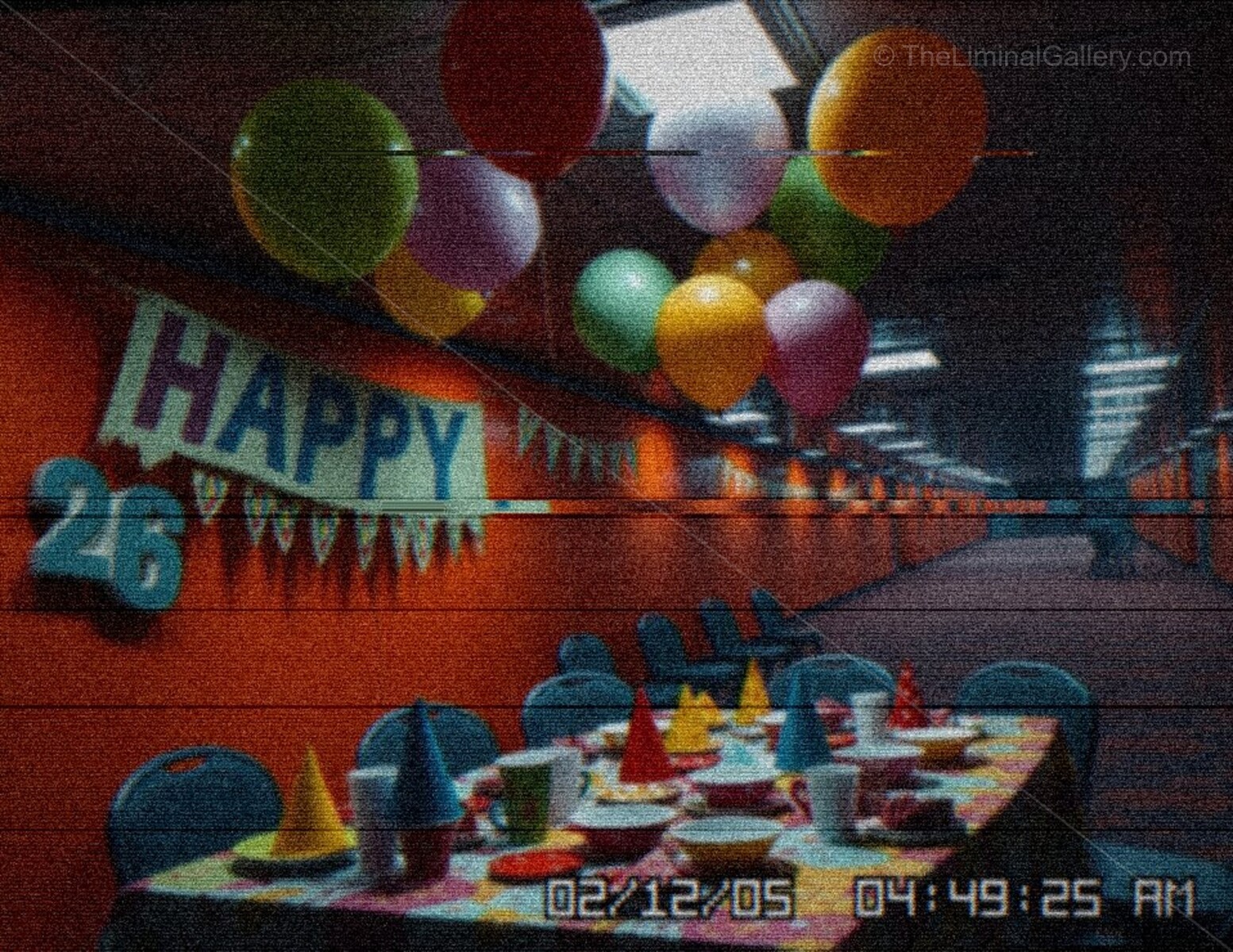 The lively decor of the party room creates a dreamlike, unsettling atmosphere.