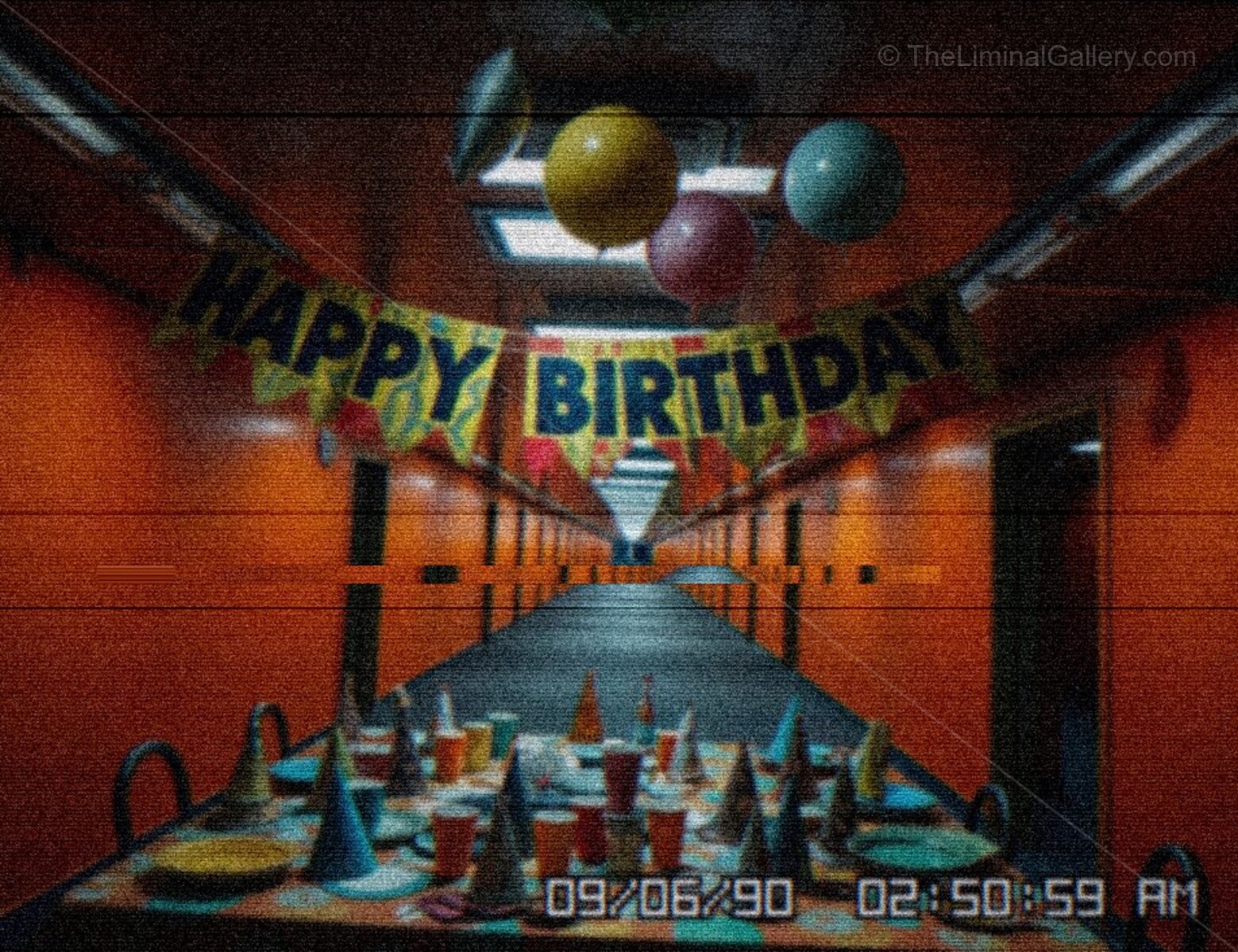 The party room is filled with an atmosphere of distorted celebration.