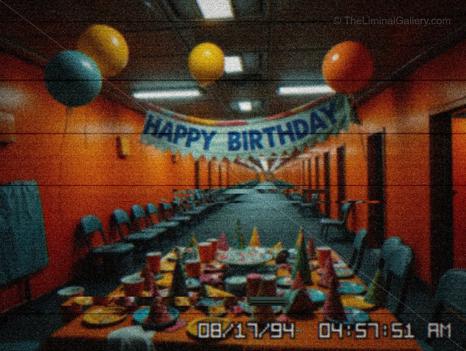 The party room evokes a sense of surreal unease and unsettling memories.