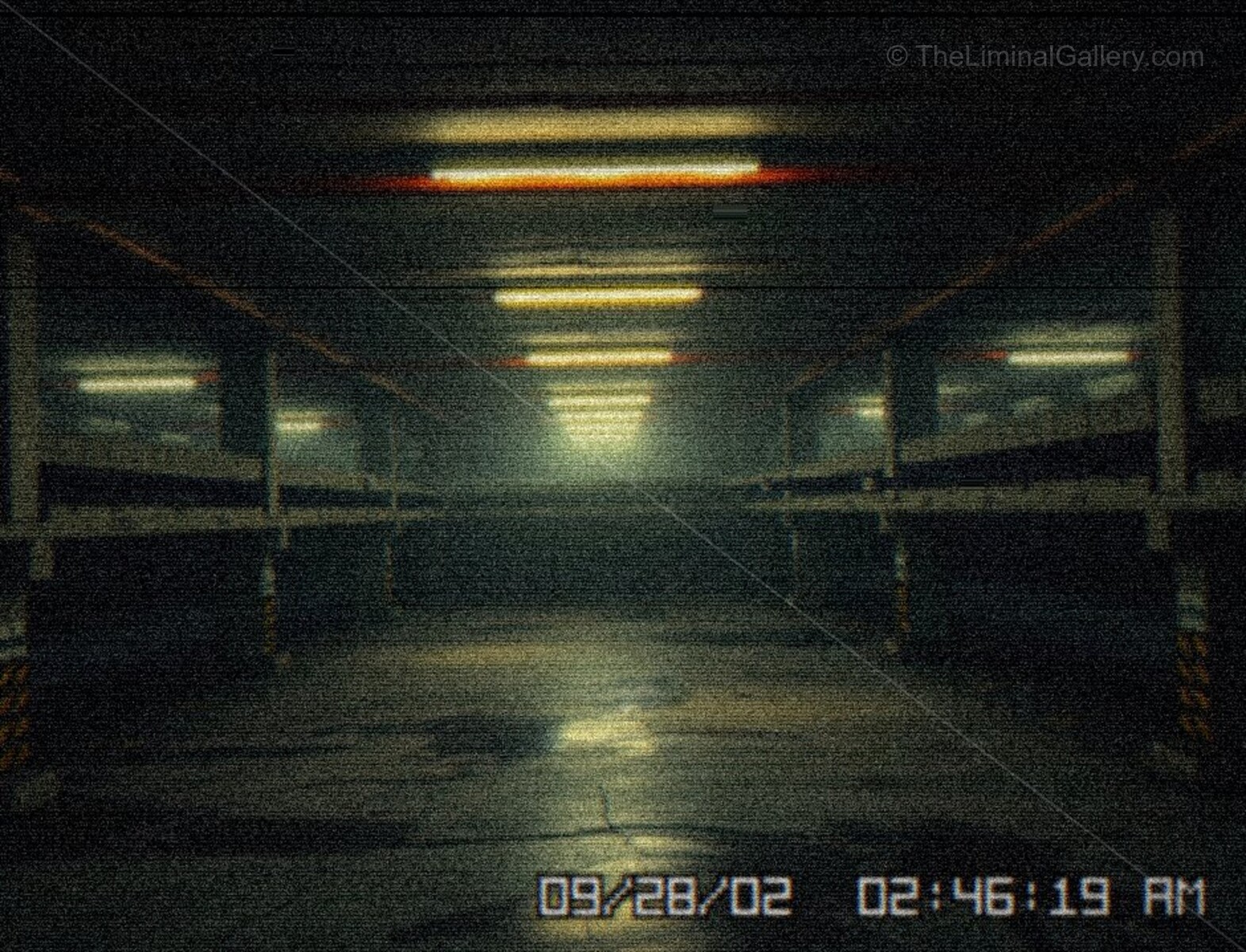 The empty parking spaces and the echoing silence create an unsettling ambiance.