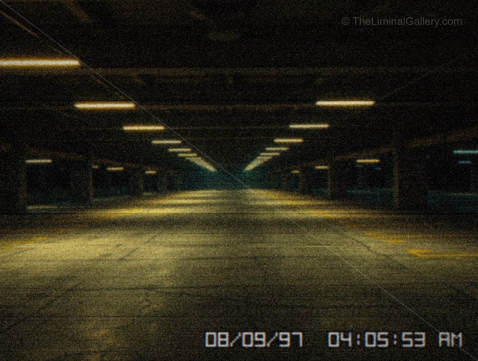The abandoned, empty parking spaces create an unsettling atmosphere.