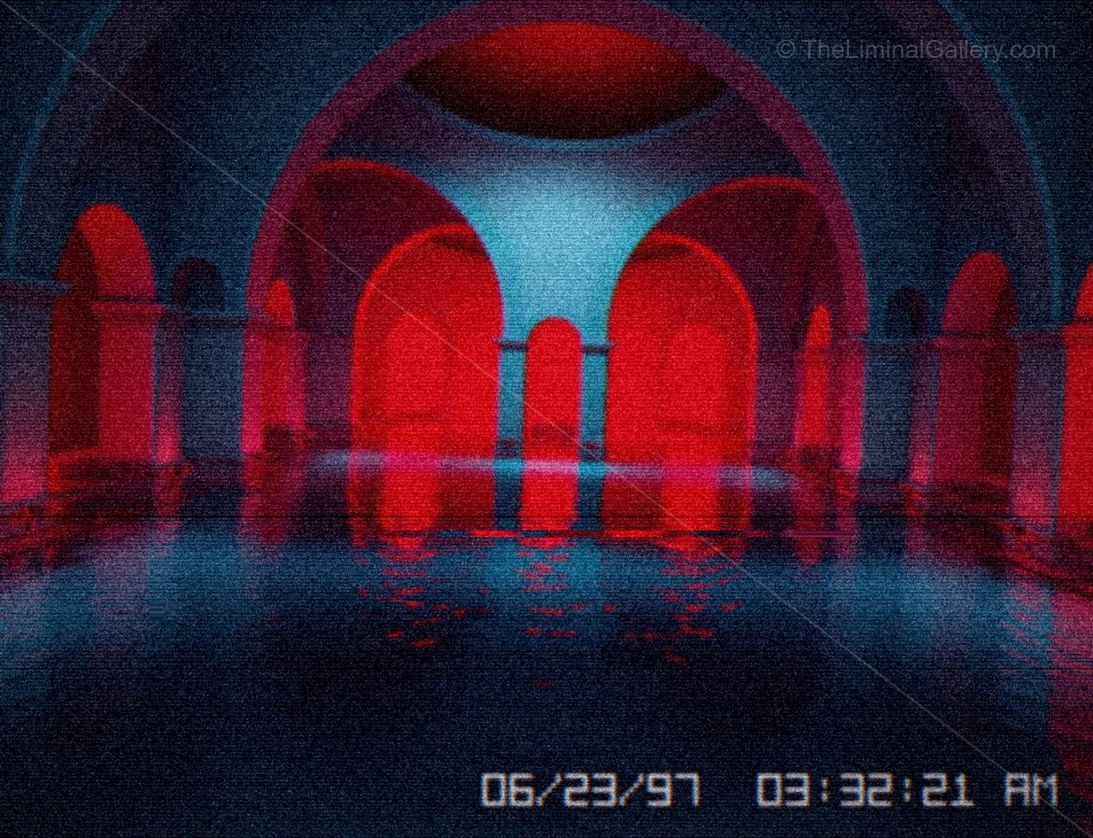 The unnatural red color of the water makes the poolrooms all the more unsettling.