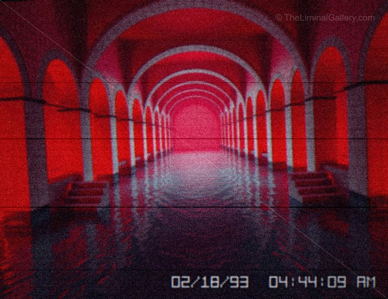The unsettling red tint creates a nightmarish distortion of the poolrooms.