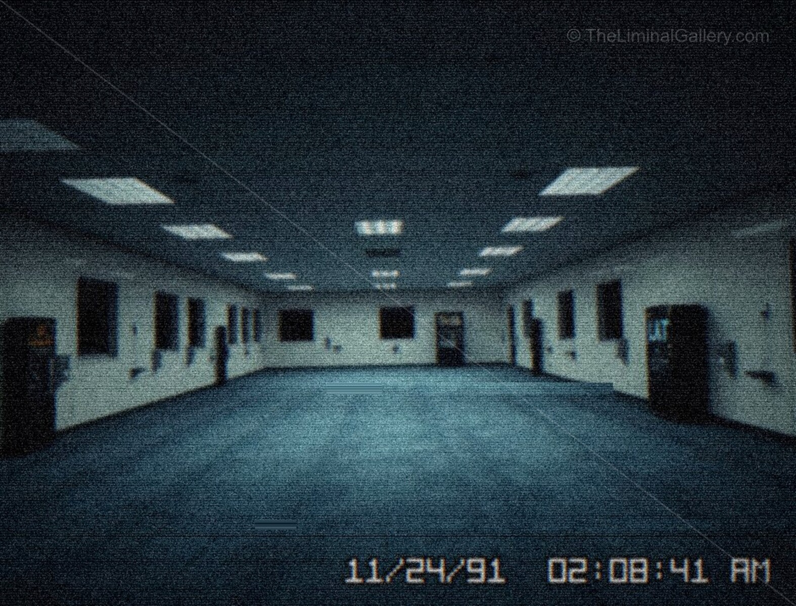 The empty desks and flickering lights emphasize a sense of abandonment and decay.