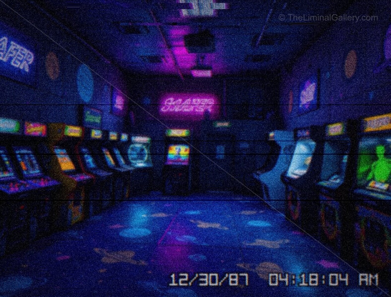 A retro arcade and dining space in Level 40, Roller Rockin' Pizza!, blending nostalgia with liminal eeriness.