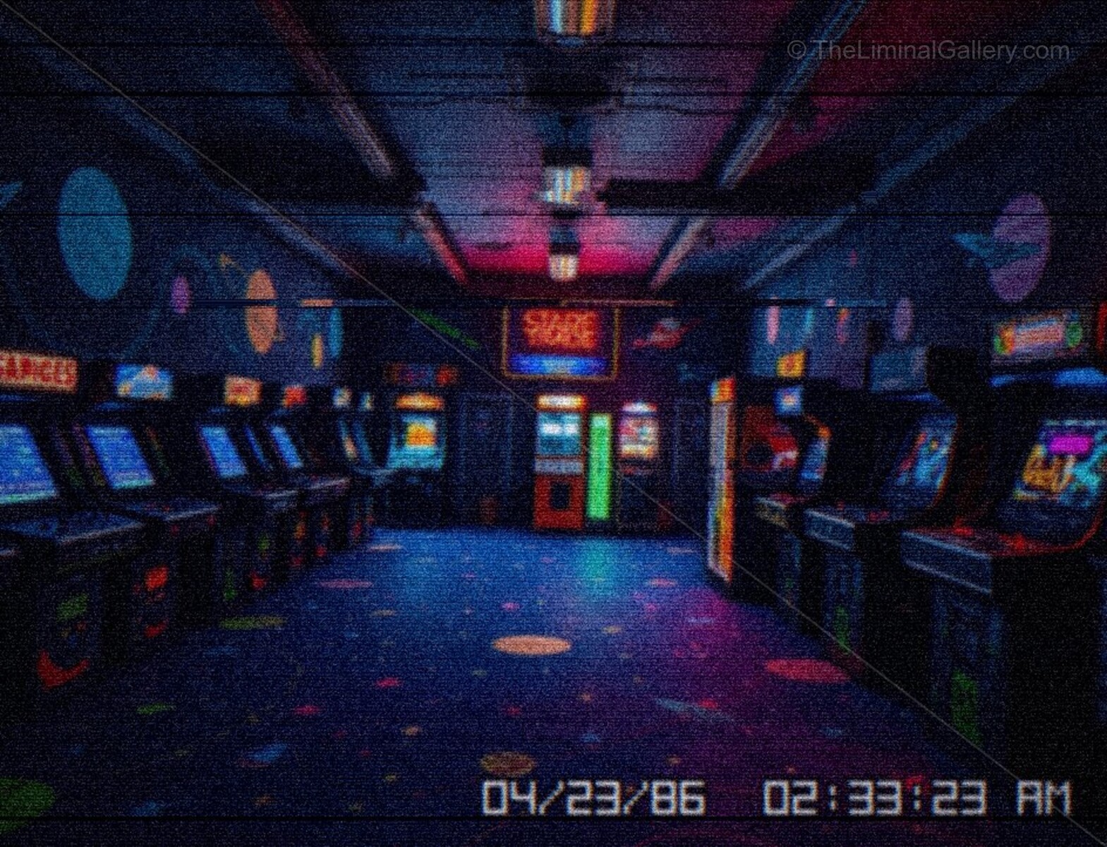 The mixture of arcade games and empty tables creates an unsettling feeling.