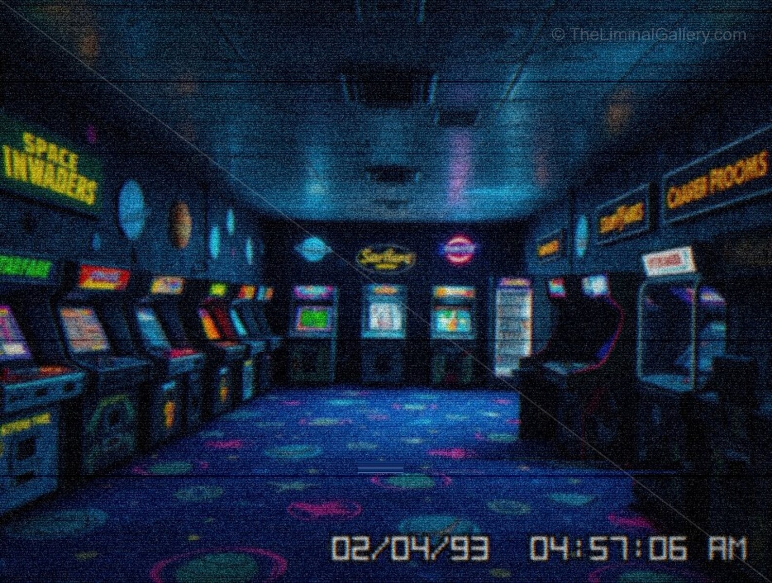 The bright lights and abandoned games create an unsettling atmosphere.