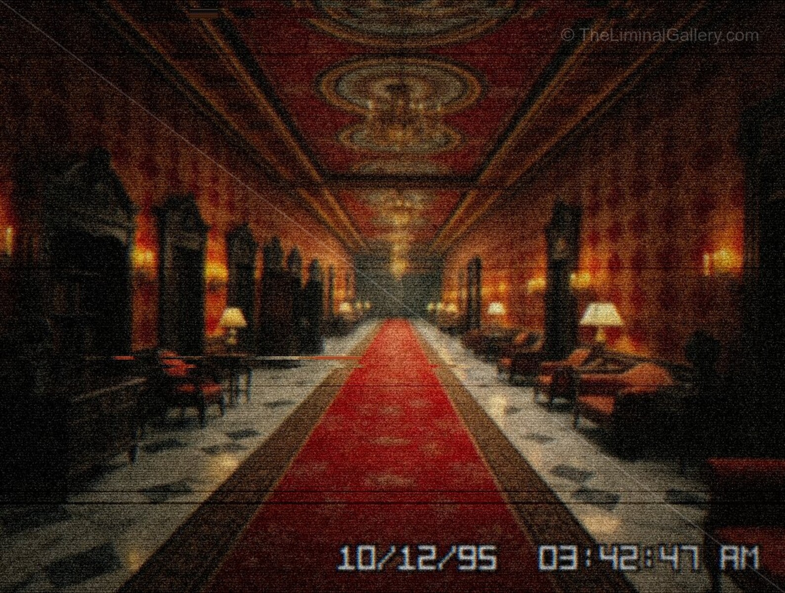 Haunting hotel corridors in Level 5, Terror Hotel, evoke classic horror and unsettling liminal dread.