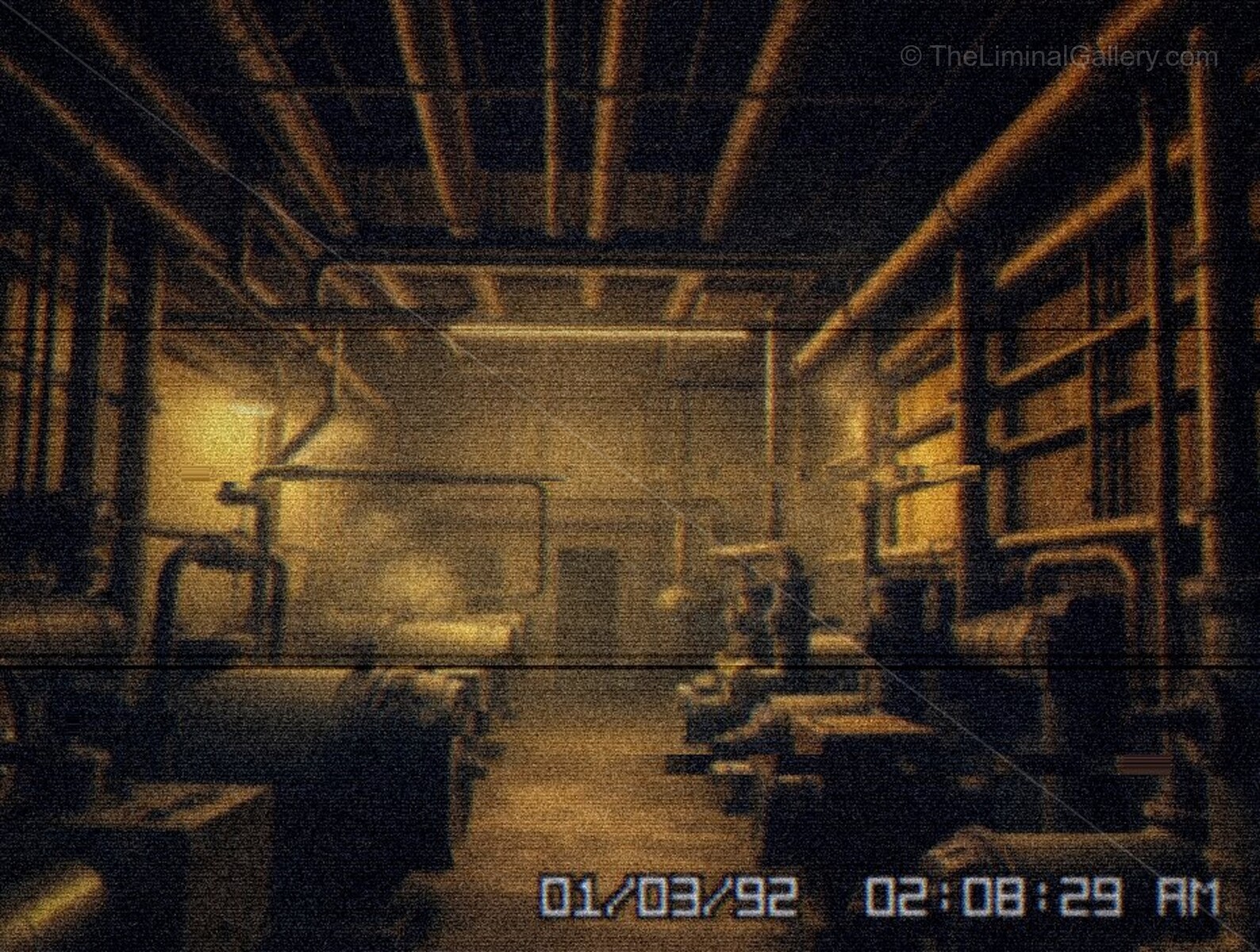 The darkness, machinery, and claustrophobic space create a terrifying environment.