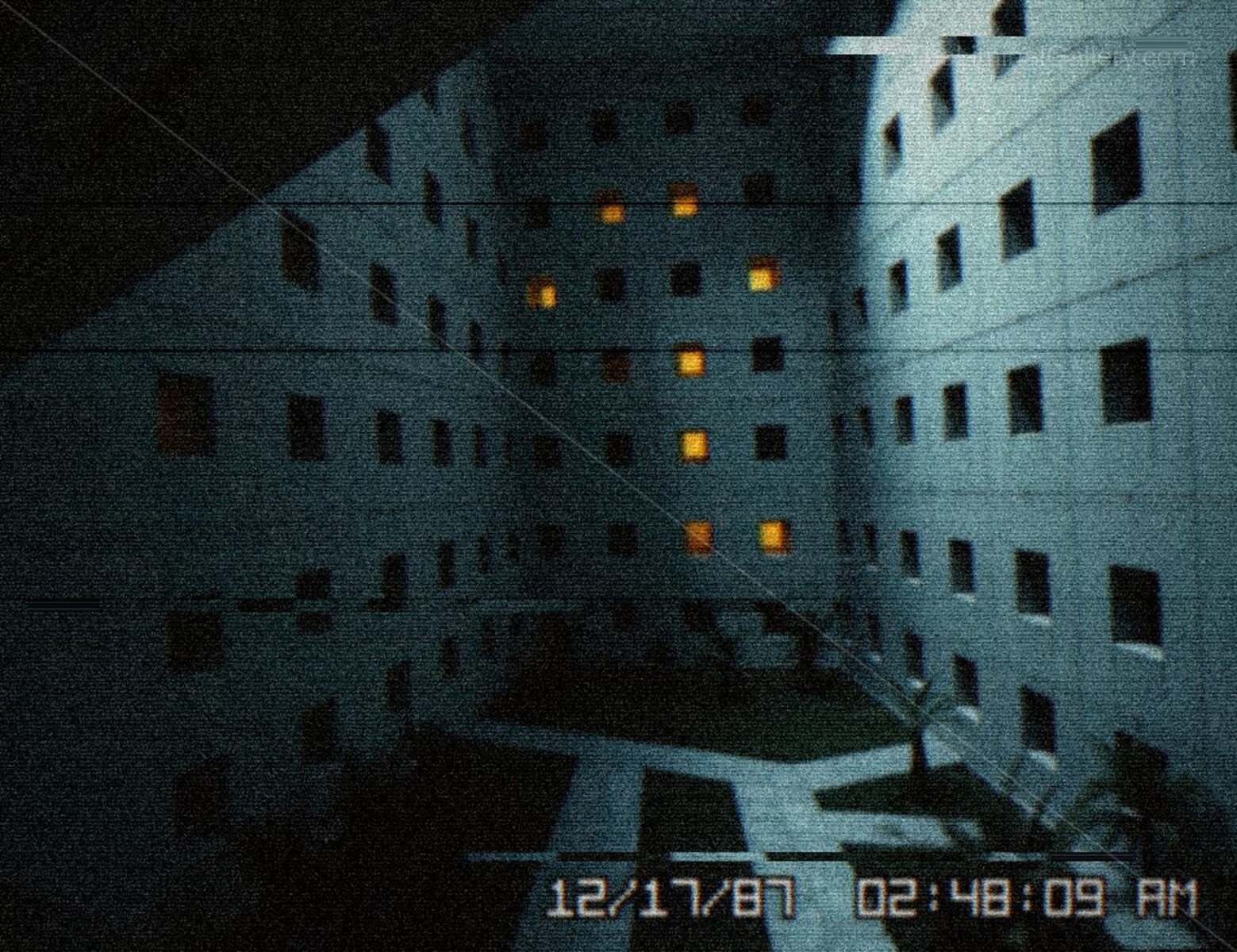 An eerie courtyard surrounded by countless windows in Level 881, a surreal and disorienting liminal vista.