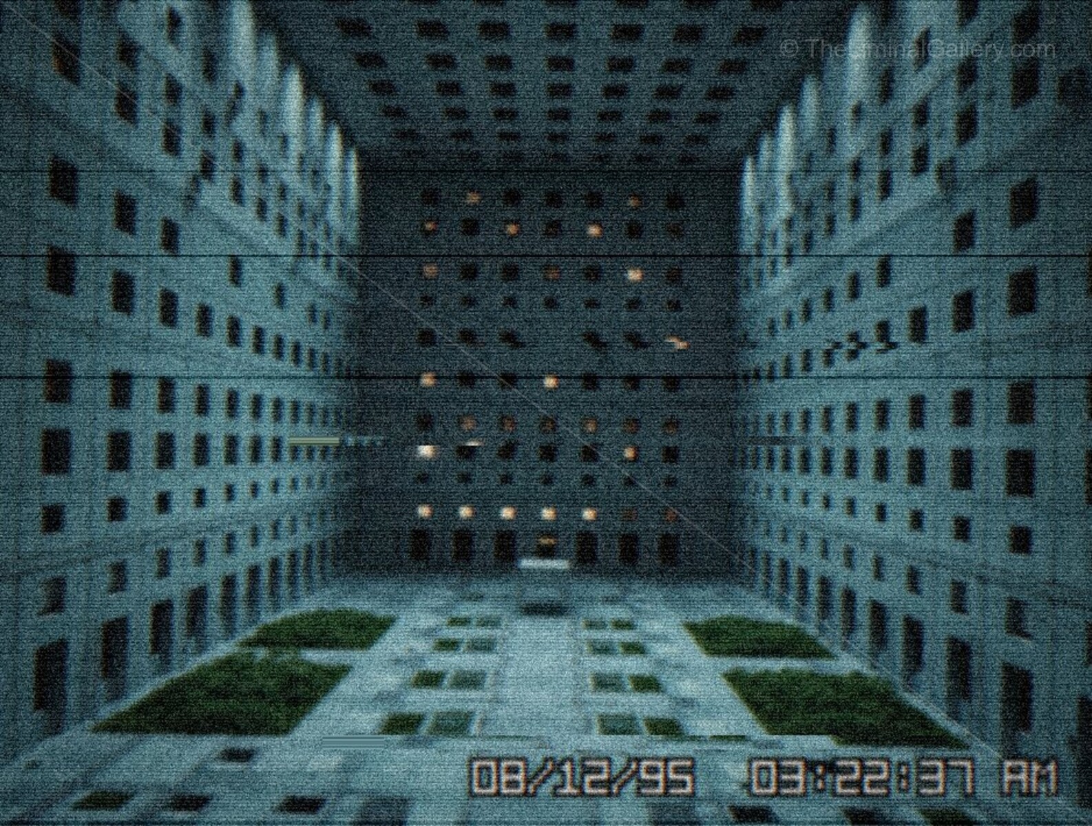 The eerie courtyard and the multitude of windows create an unsettling atmosphere.
