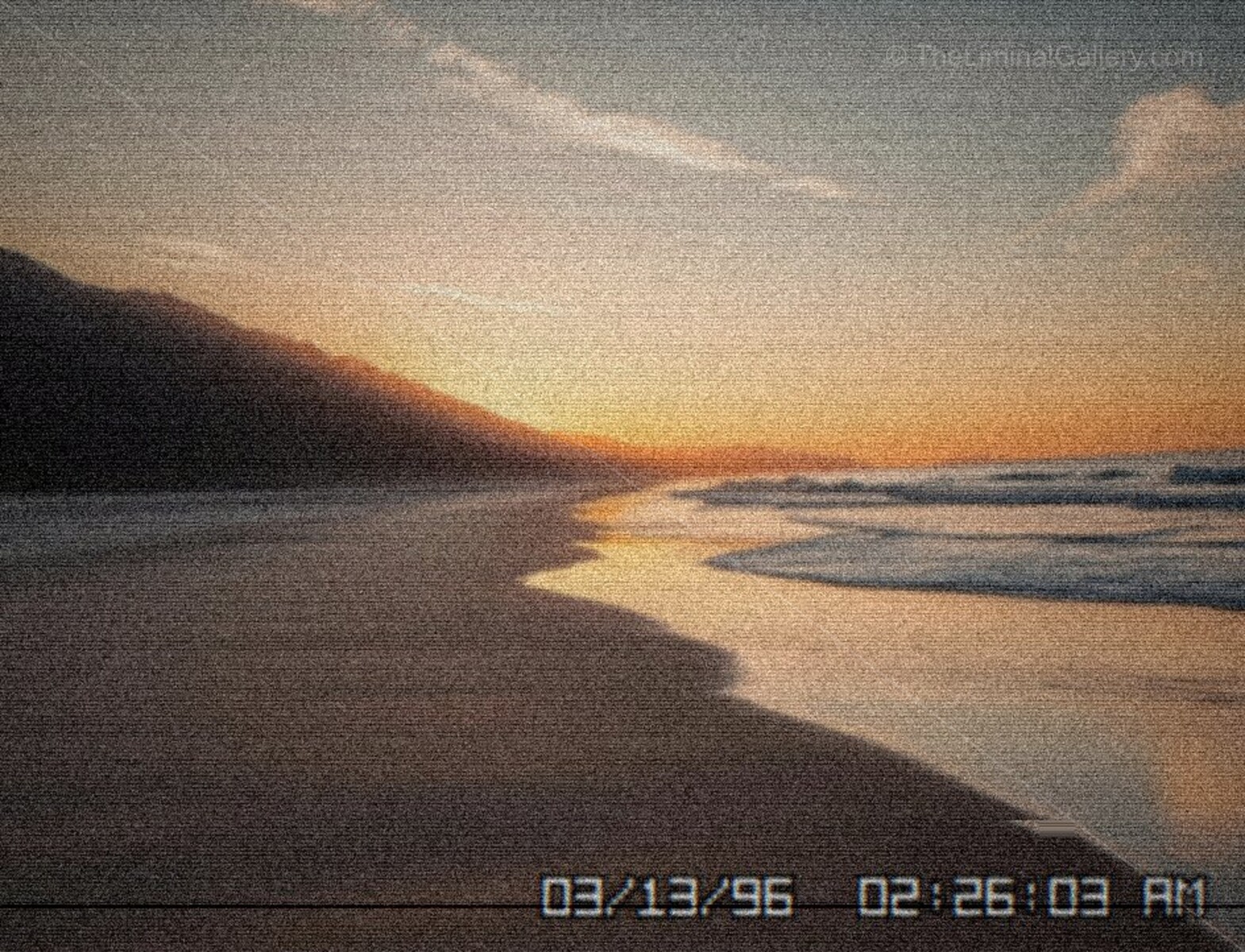 The vast, empty beach evokes a sense of beauty with unsettling undertones.