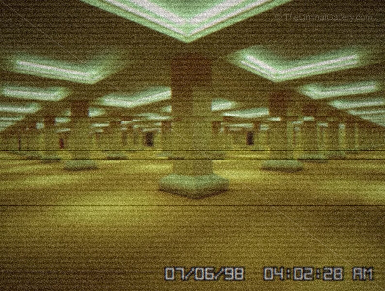 Illuminated Backrooms corridor of empty pillars in a spacious hall exuding a surreal atmosphere