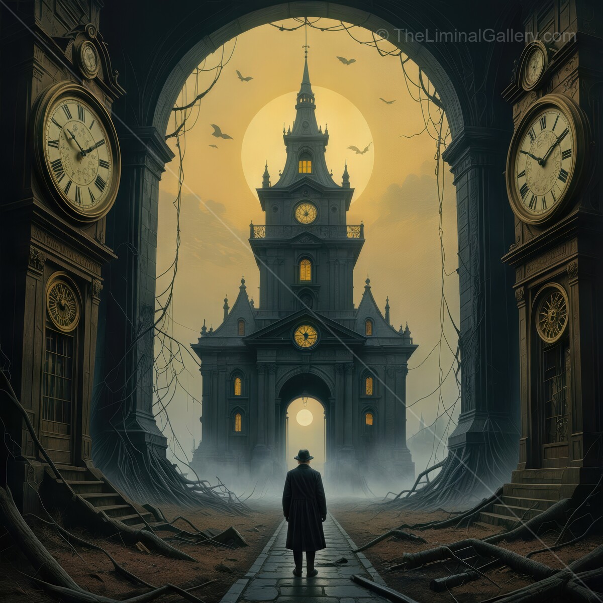 Mysterious gothic figure stands before an ancient clock tower under a full moon at twilight