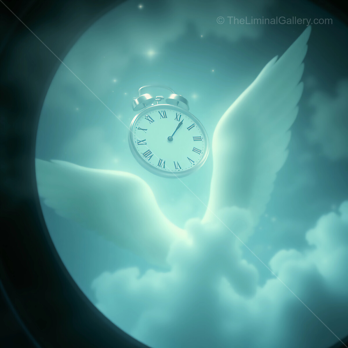 Clock with angel wings floating through ethereal clouds in a tranquil dreamscape