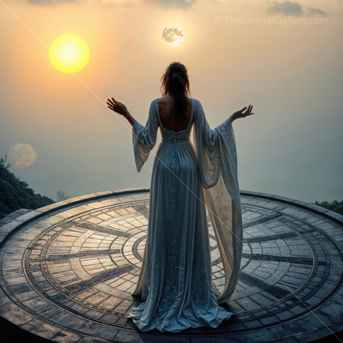 Enchanting druid in white dress embraces celestial harmony at sunrise and sunset on a mystical balcony