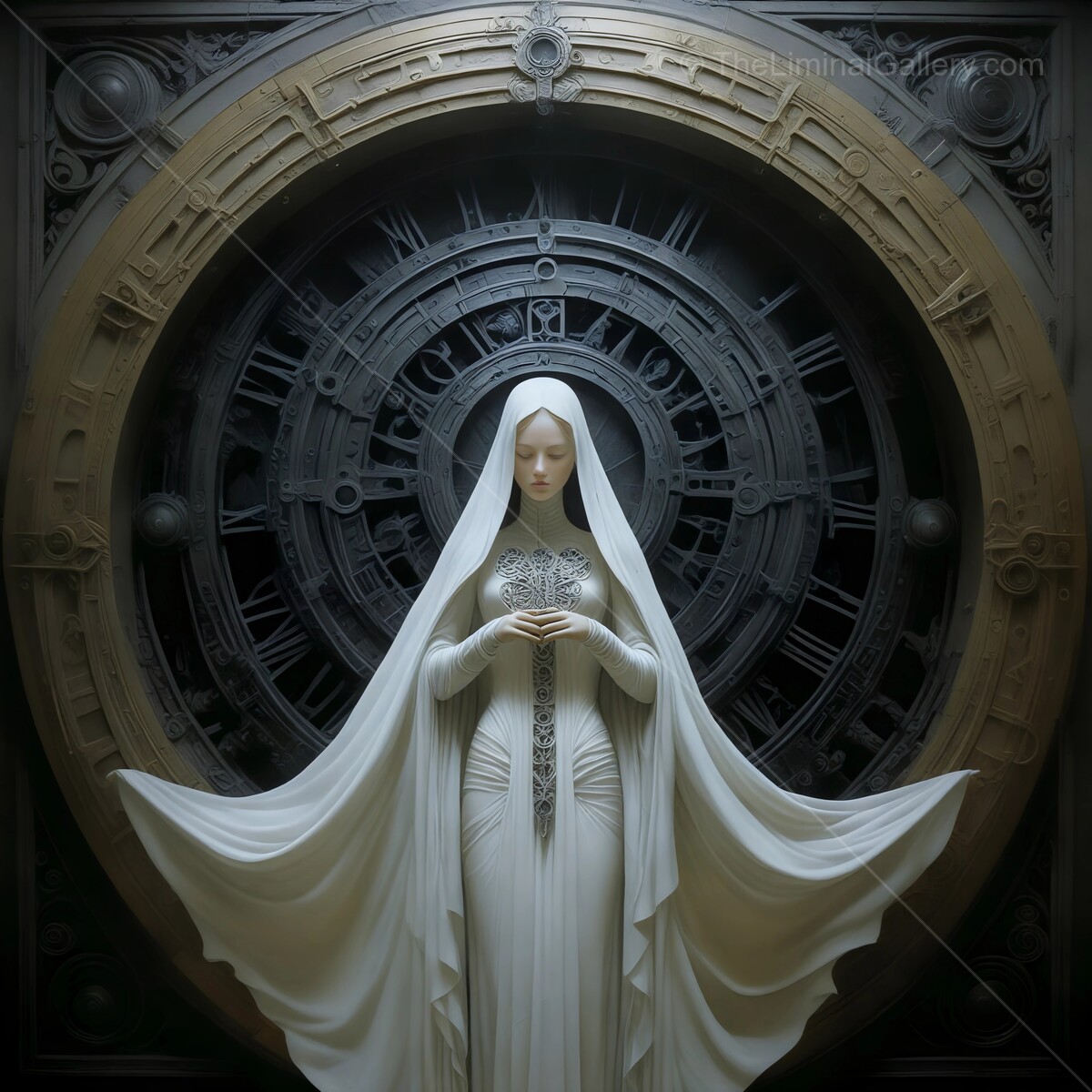 Mystical priestess draped in white stands before an intricate clockwork backdrop in a dimly lit chamber