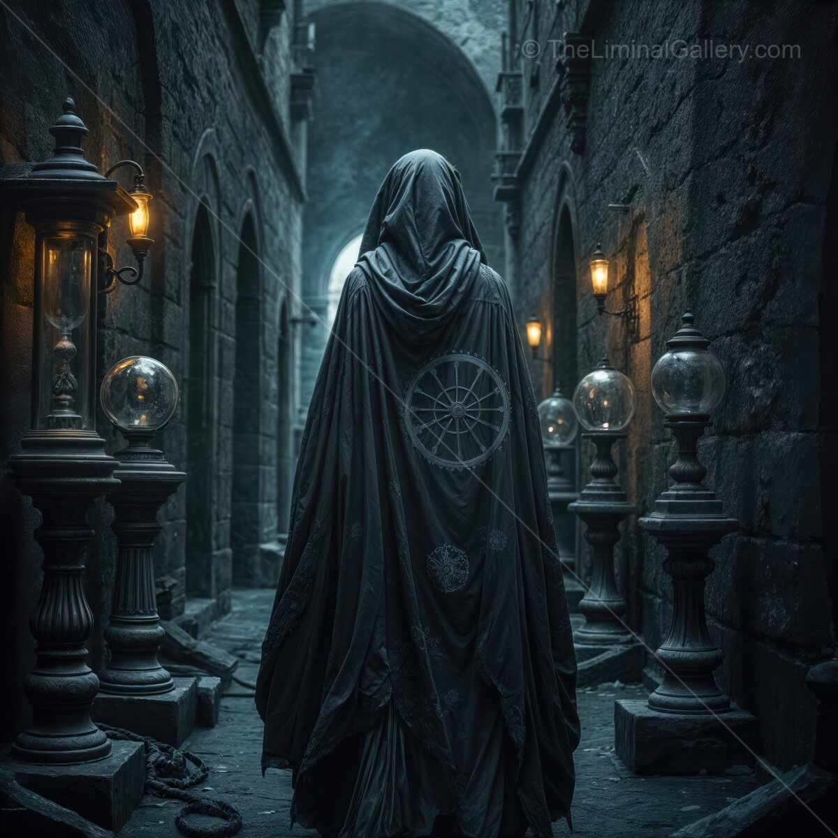 Enigmatic adventurer, shrouded in mystery walks through ancient cobblestone alleyway at twilight