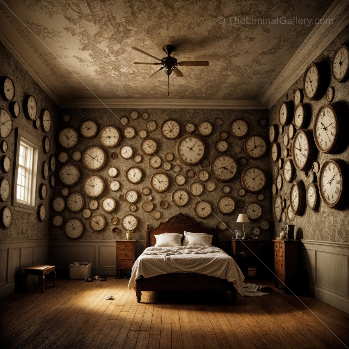 Time captured within an enchanting bedroom adorned with countless clocks in a quaint country house