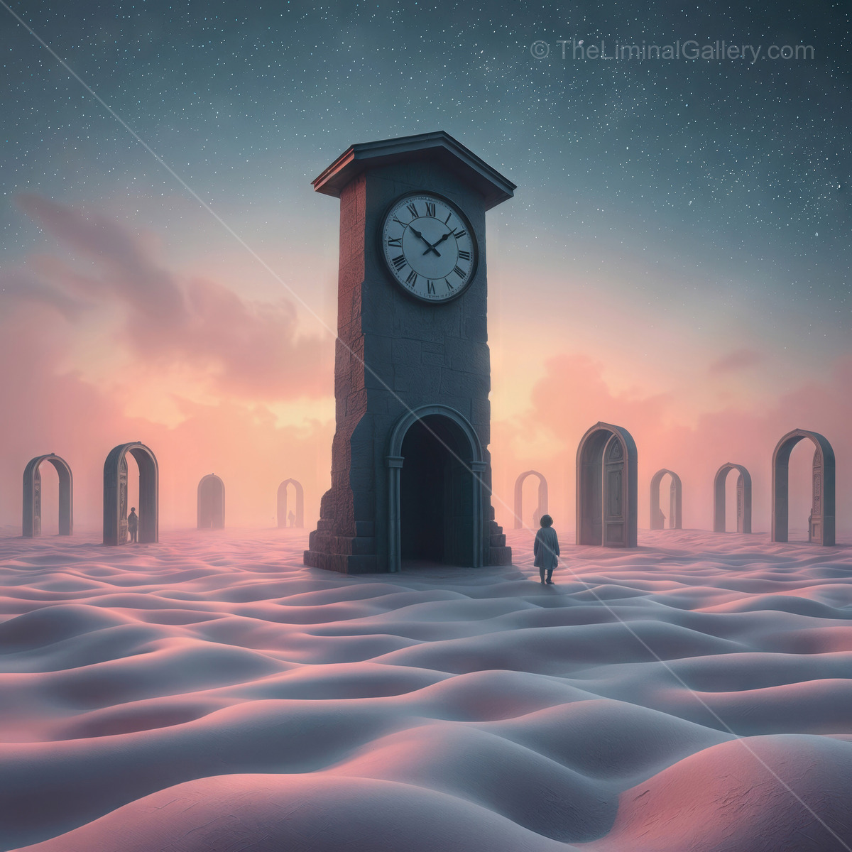 Whispers of time in a surreal landscape of dreams and memories amid ethereal arches