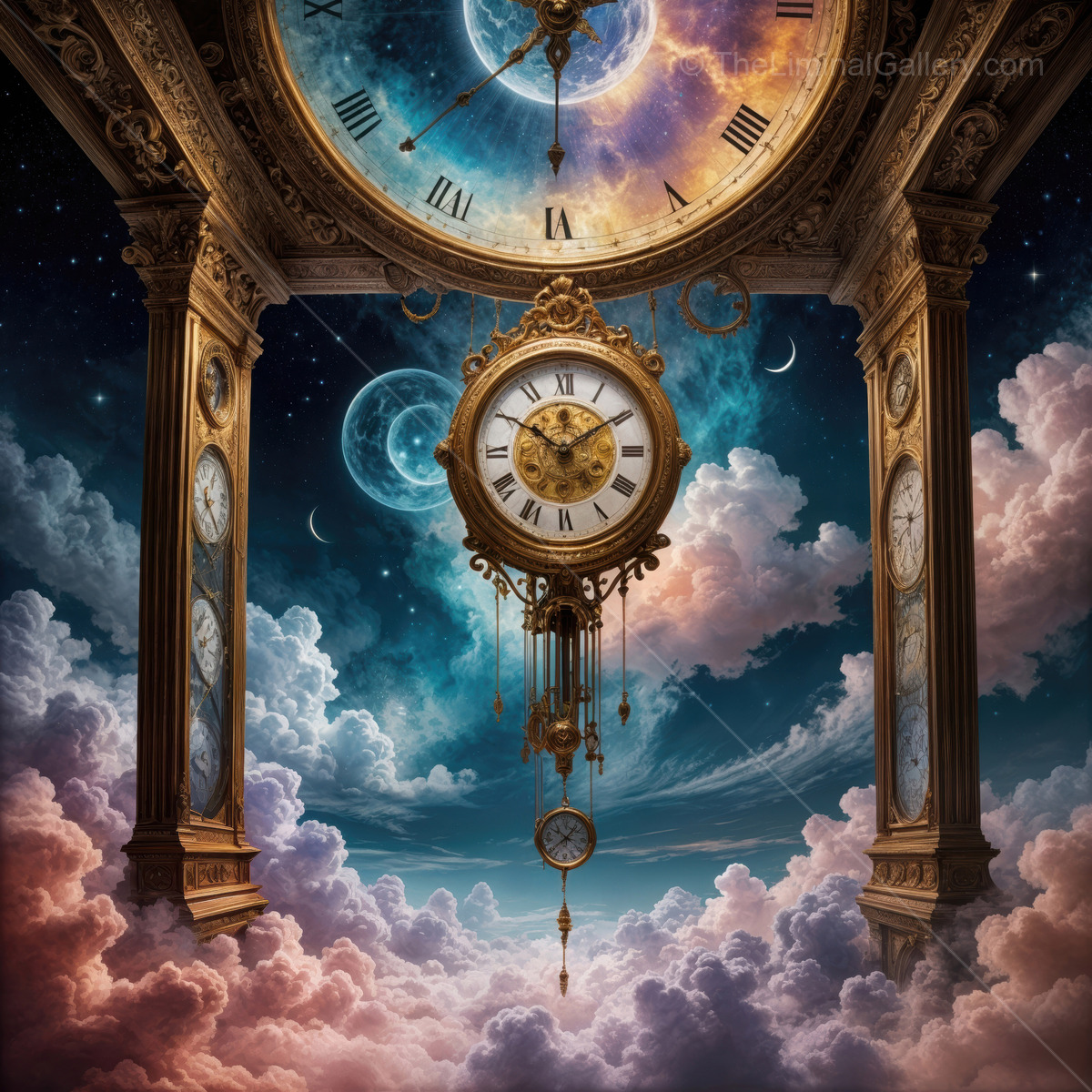 Ethereal clock in a dreamlike landscape with celestial bodies and vibrant clouds