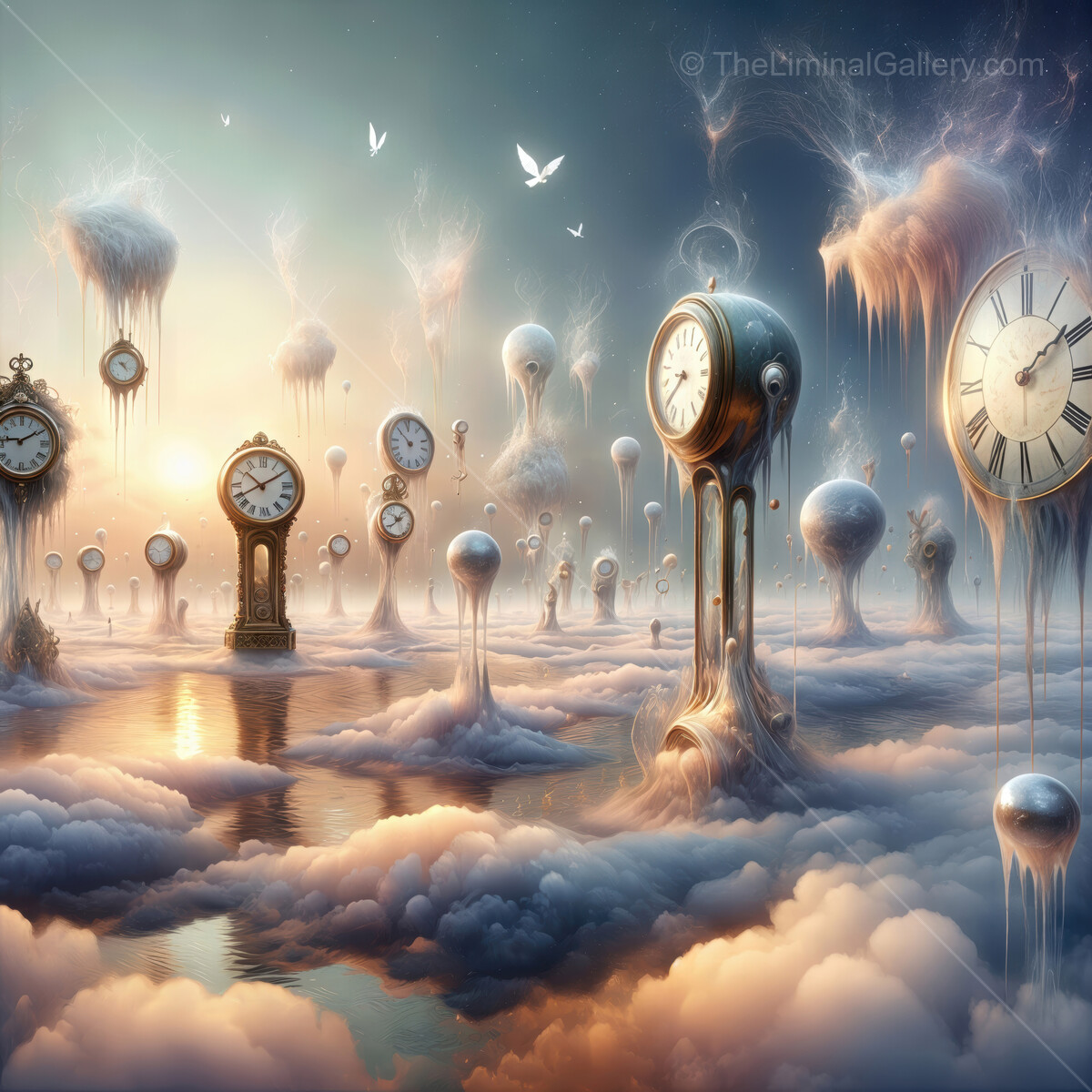 Ethereal dreamscape of melting clocks floating among clouds at twilight