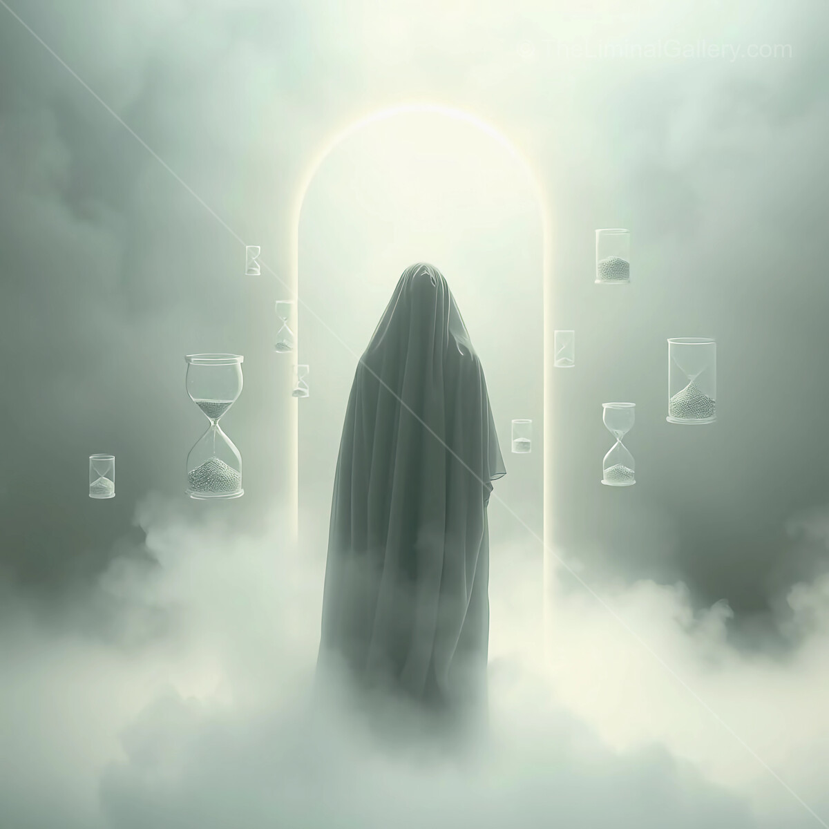 Mystical figure in a shroud stands before an ethereal portal surrounded by floating hourglasses in a misty dreamscape