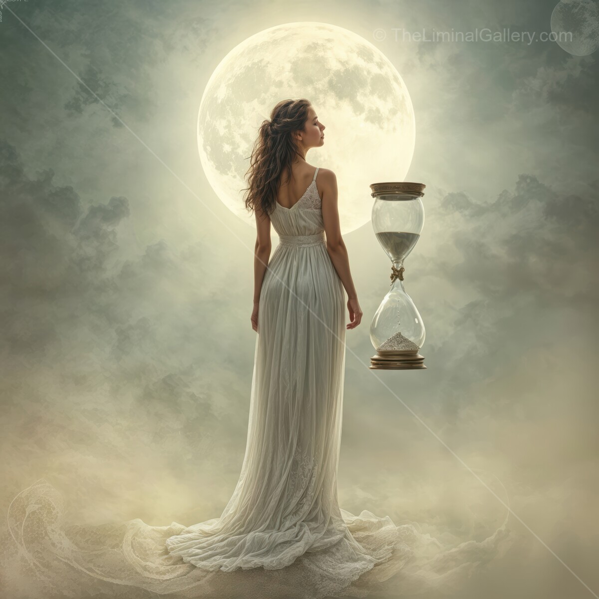 Mysterious woman in a flowing white dress gazes at the full moon with an hourglass in hand