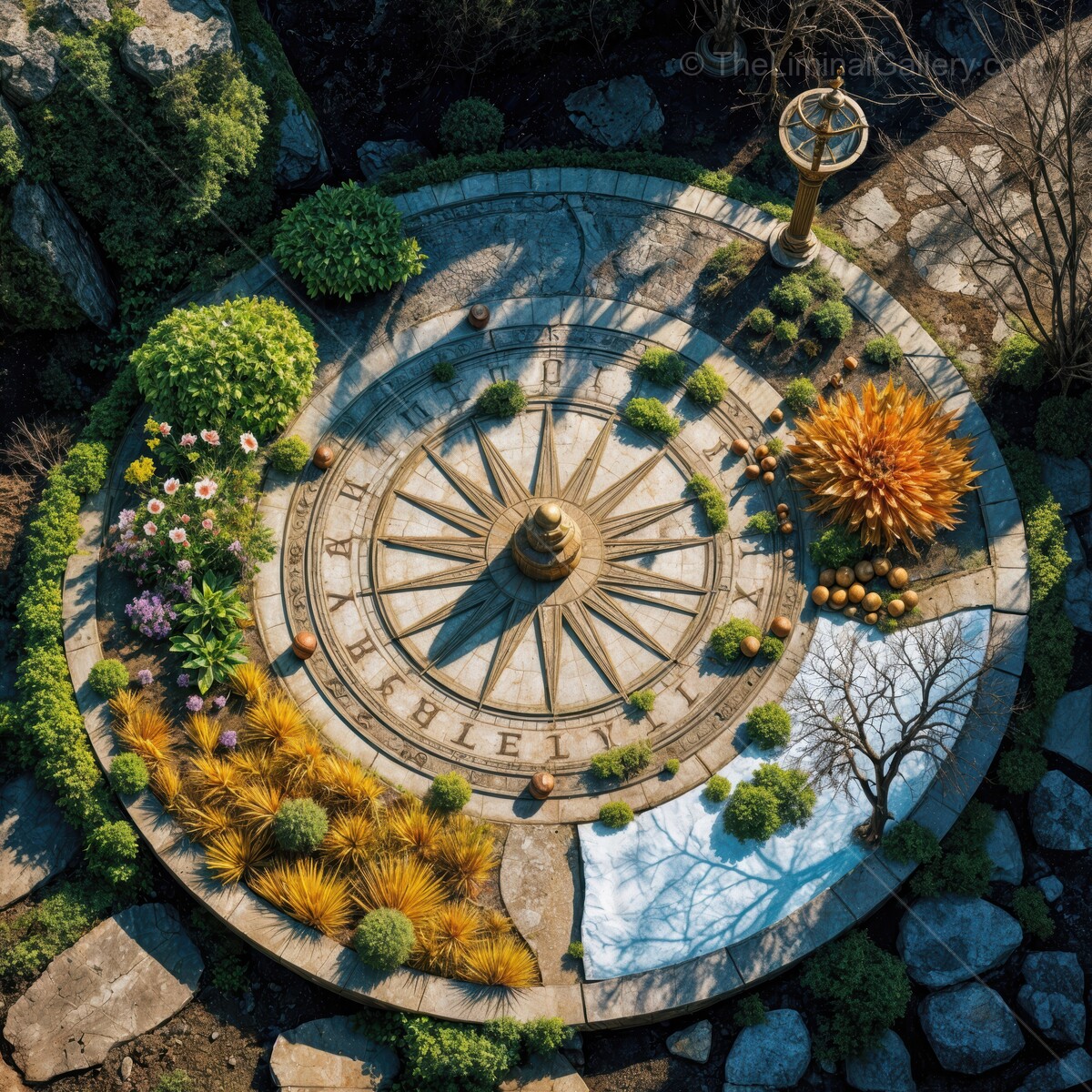 Artful garden compass design blending seasons and life in an enchanting outdoor space