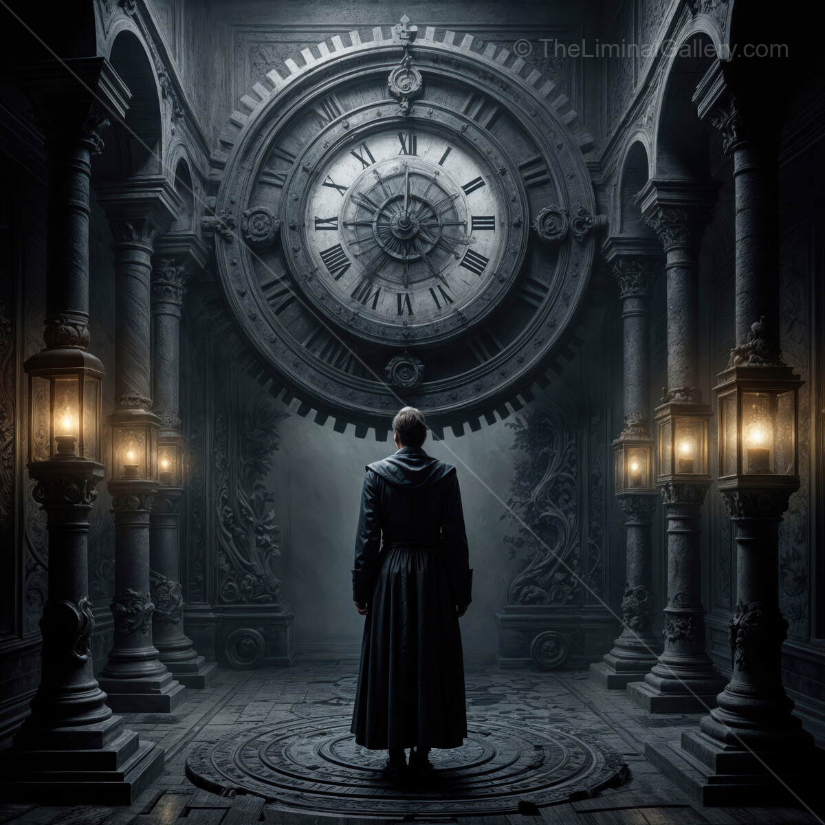 Mysterious gothic male stands in awe before giant clock in a shadowy, ancient chamber