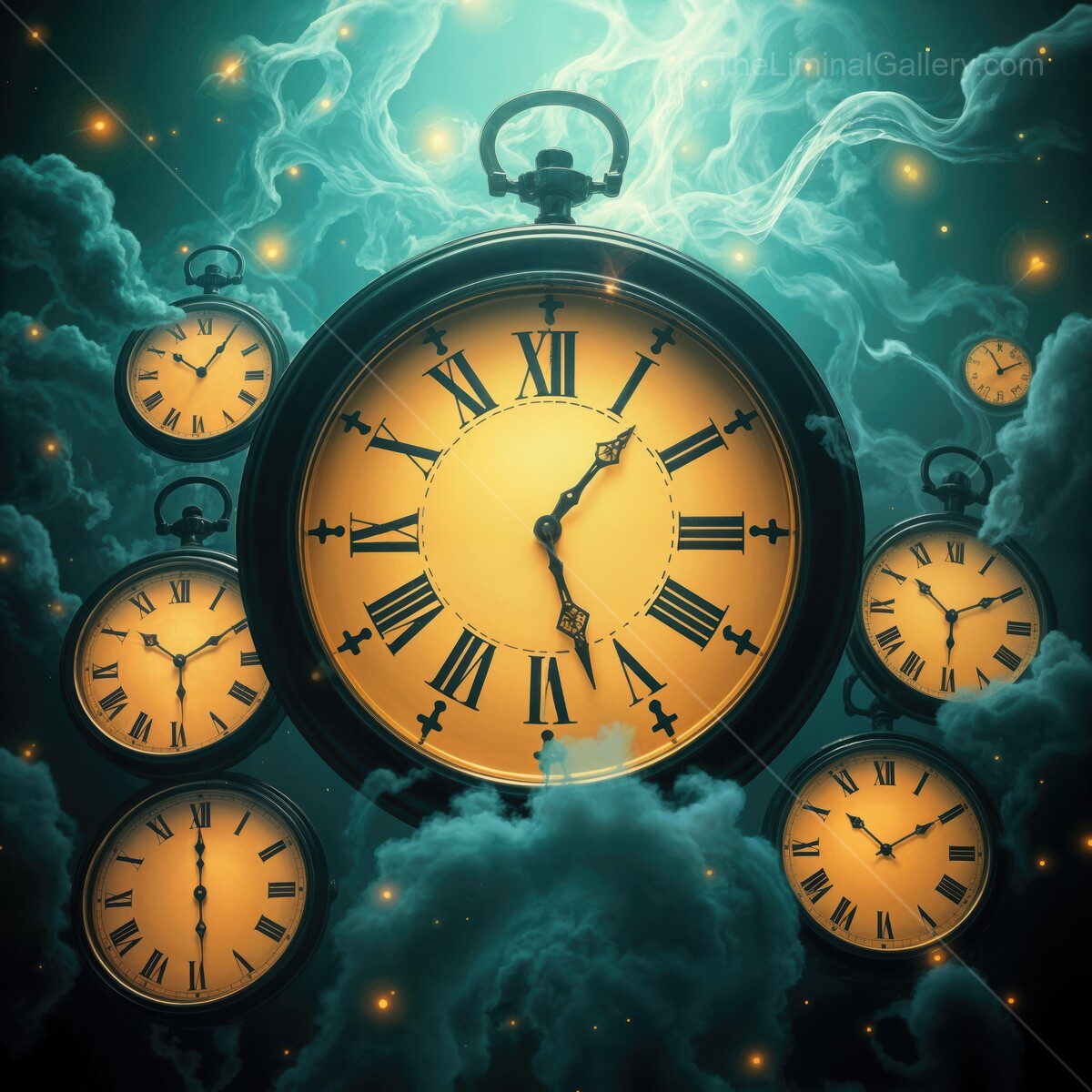 Mystical journey through time with golden clocks floating in a dreamlike atmosphere
