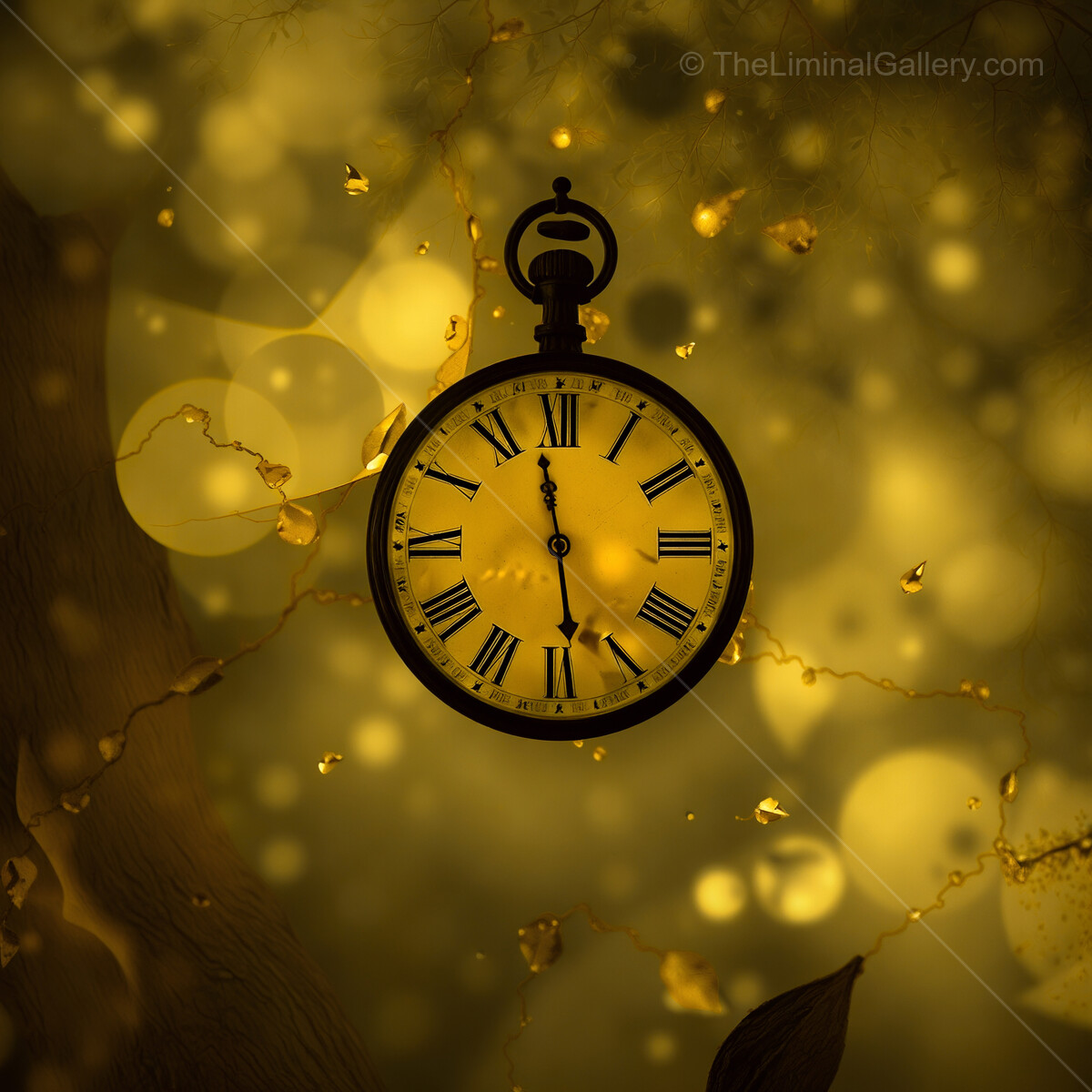 Golden pocket watch suspended in an ethereal glow amidst soft, warm lights